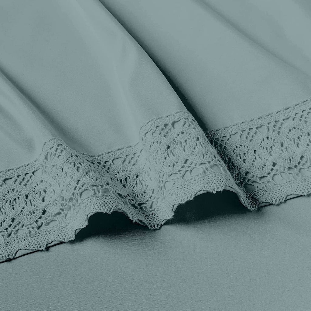 Modern Threads Seafoam Microfiber Bed Linen Set - 4Pcs Luxurious Crochet Lace Sheets & Pillowcases, King, Deep Pocket, Stain Res