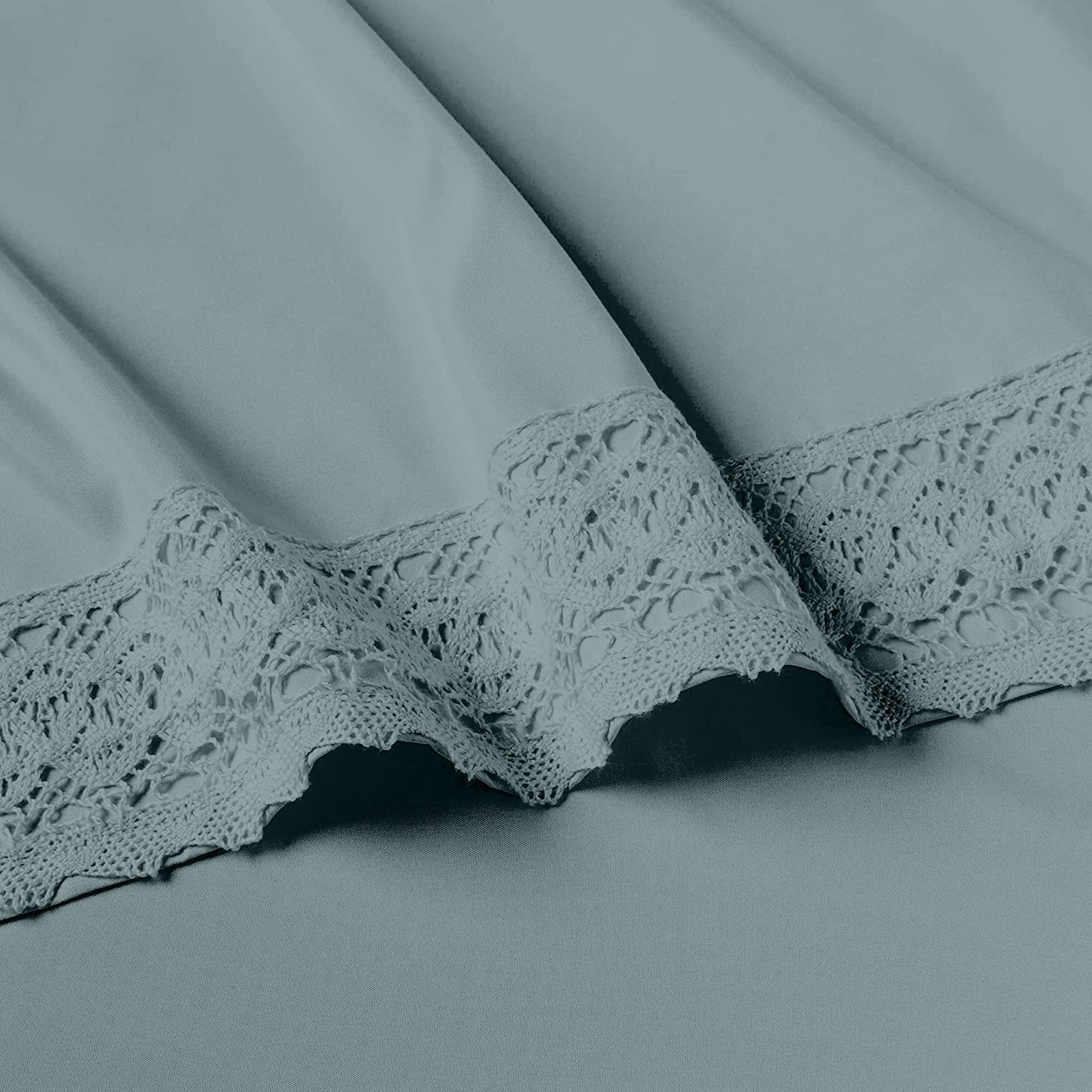 Modern Threads Seafoam Microfiber Bed Linen Set - 4Pcs Luxurious Crochet Lace Sheets & Pillowcases, King, Deep Pocket, Stain Res