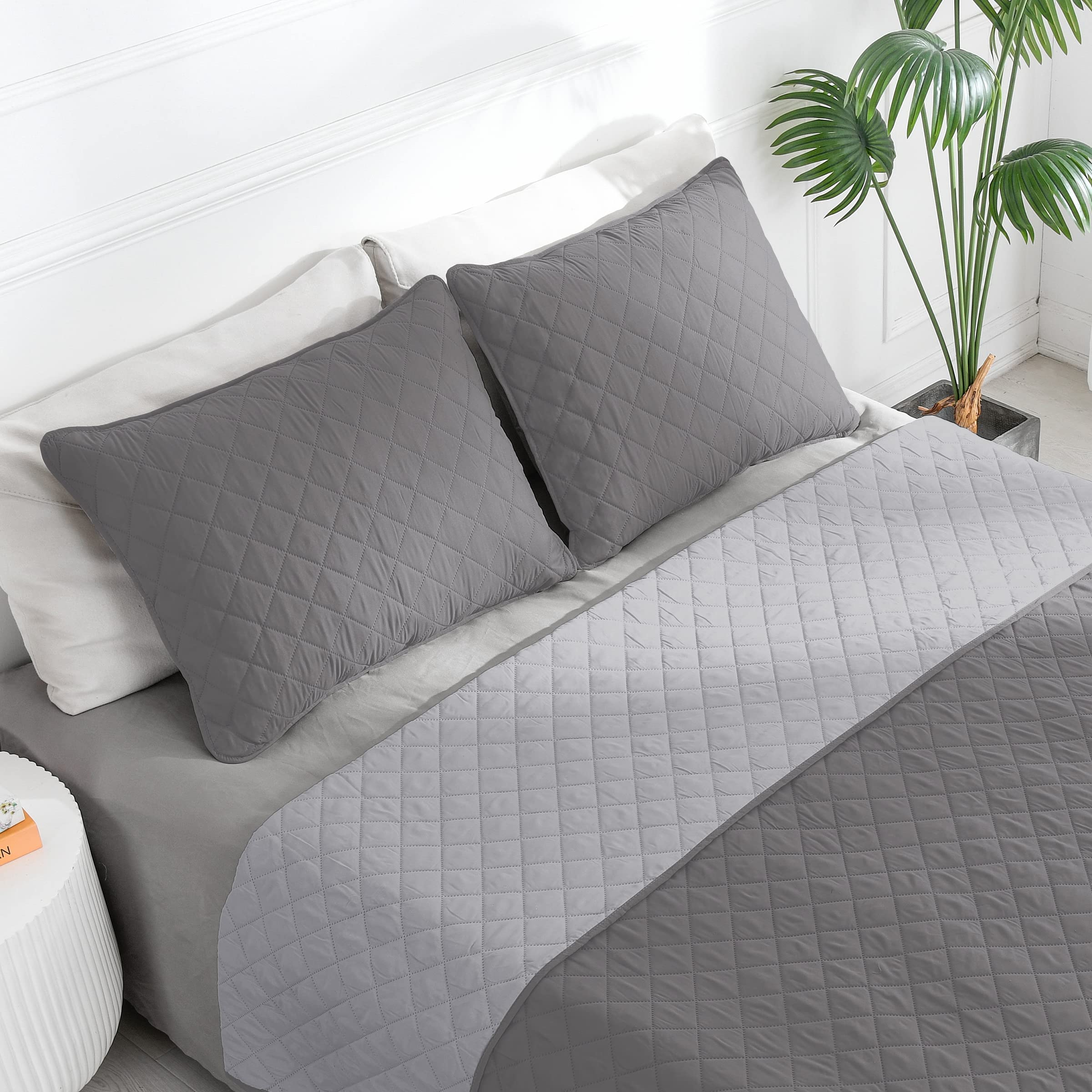 Easy-Going Twin Size Reversible Quilt Set With 1 Quilt And 1 Pillow Shams, Soft Bed Quilt Cover, Water Resistant Lightweight Microfiber Bedspread, Stain Resistant, Gray/Light Gray