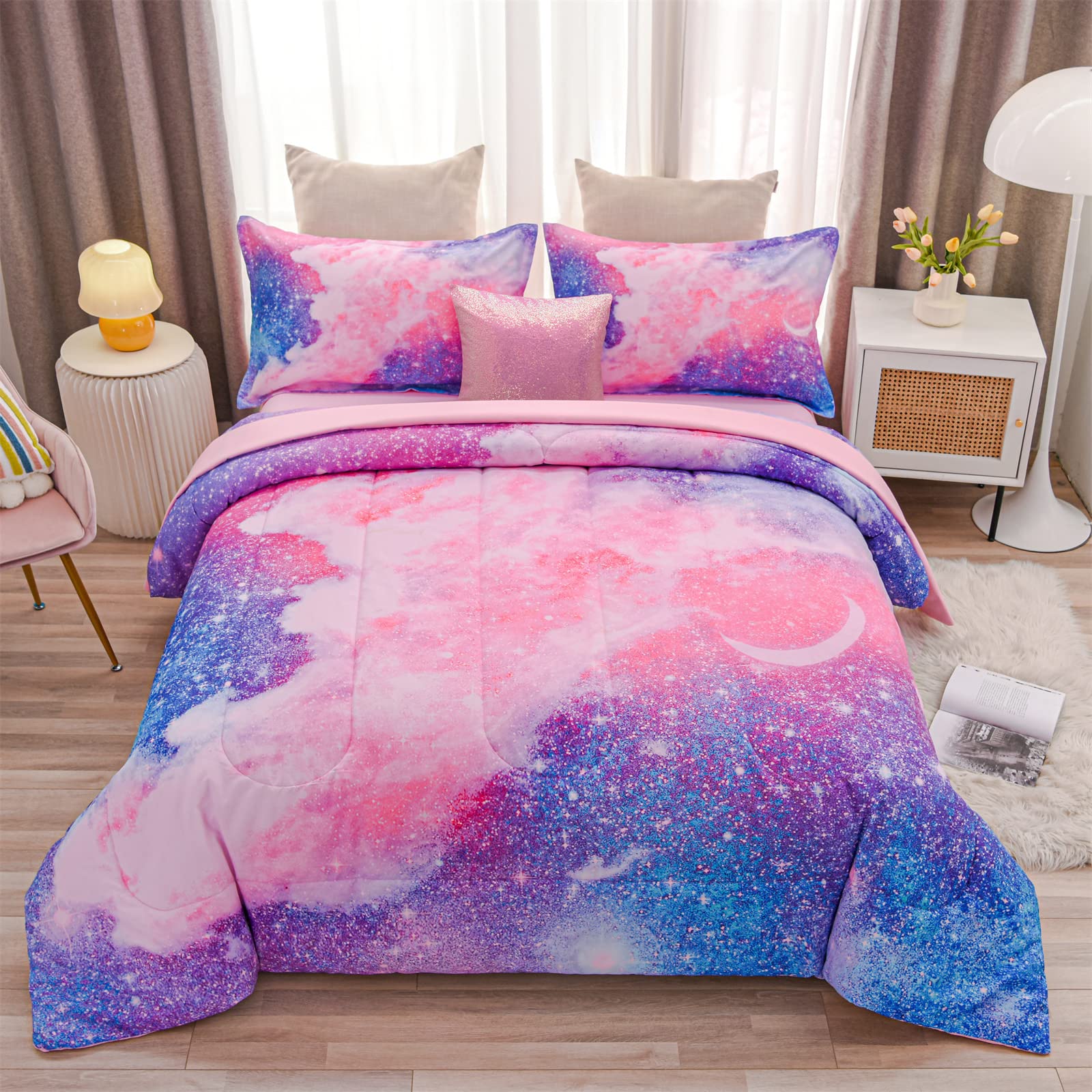 A Nice Night Galaxy Bedding Sets Outer Space Comforter 3D Printed Space Quilt Set Full 6Pcs Glitter Pink,For Children Boy Girl T