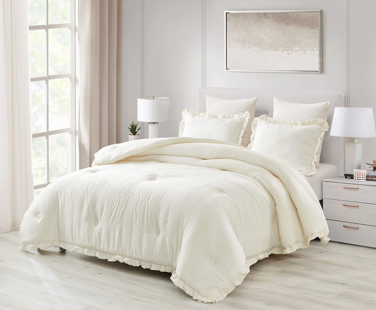 Chezmoi Collection Nora 3-Piece Ruffled Edge Trim Soft Washed Microfiber Comforter Set (Full, Ivory)