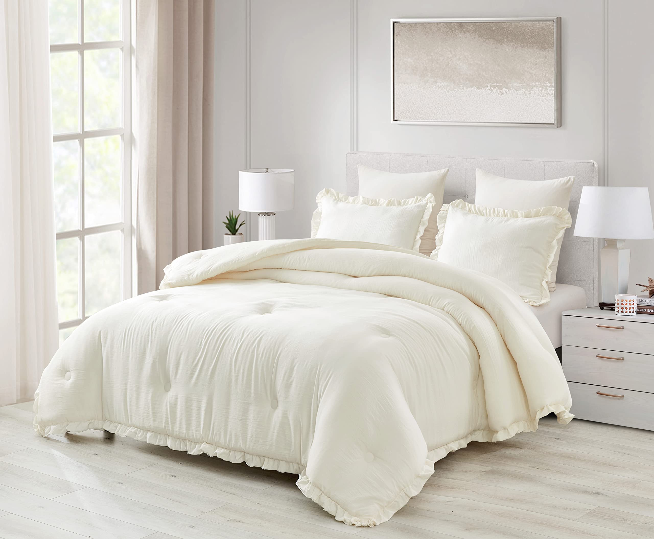 Chezmoi Collection Nora 3-Piece Ruffled Edge Trim Soft Washed Microfiber Comforter Set (Oversized King, Ivory)