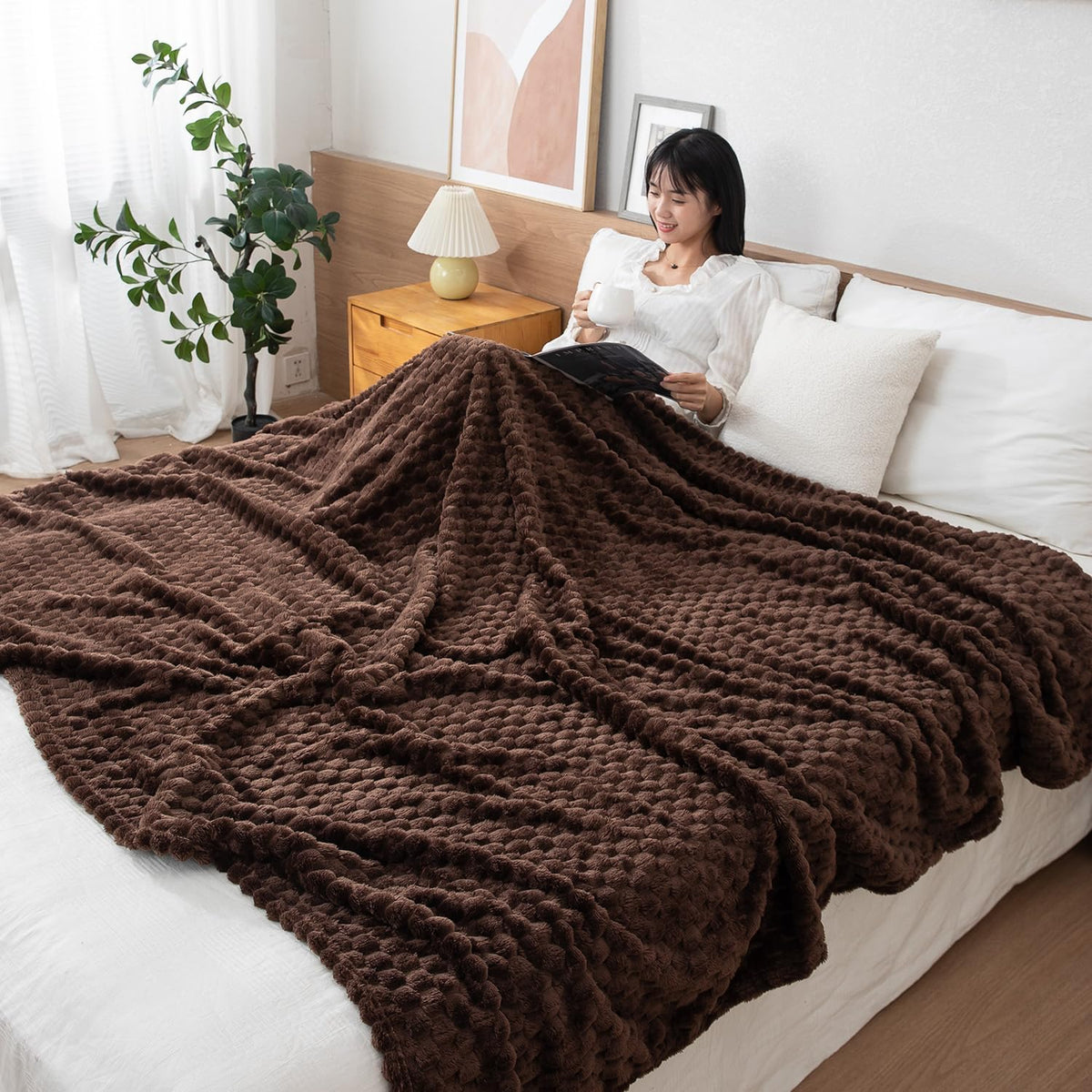 HOKIPO Flannel AC Blanket Double Bed Queen, 200x230 cm / 6.5x7.5 feet, Brown (NEW24918BRN)