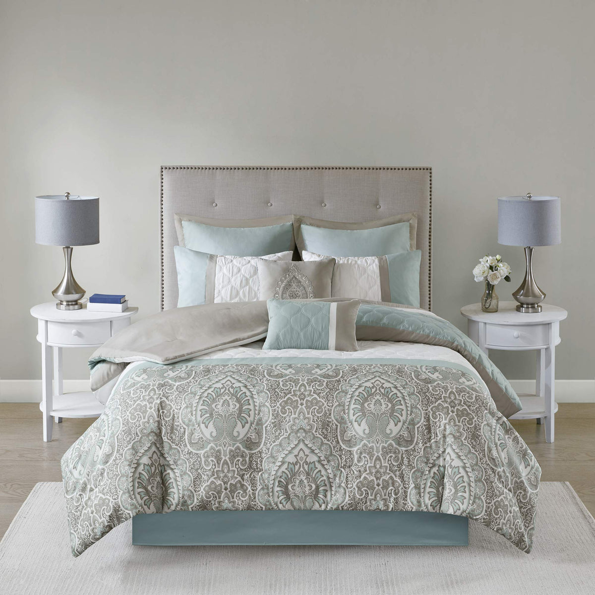 510 Design Luxe Quilted Comforter Set Modern Transitional Design, All Season Down Alternative Warm Bedding Matching Shams, Bedskirt, Decorative Pillow, Cal King, Shawnee Scrollwork Seafoam