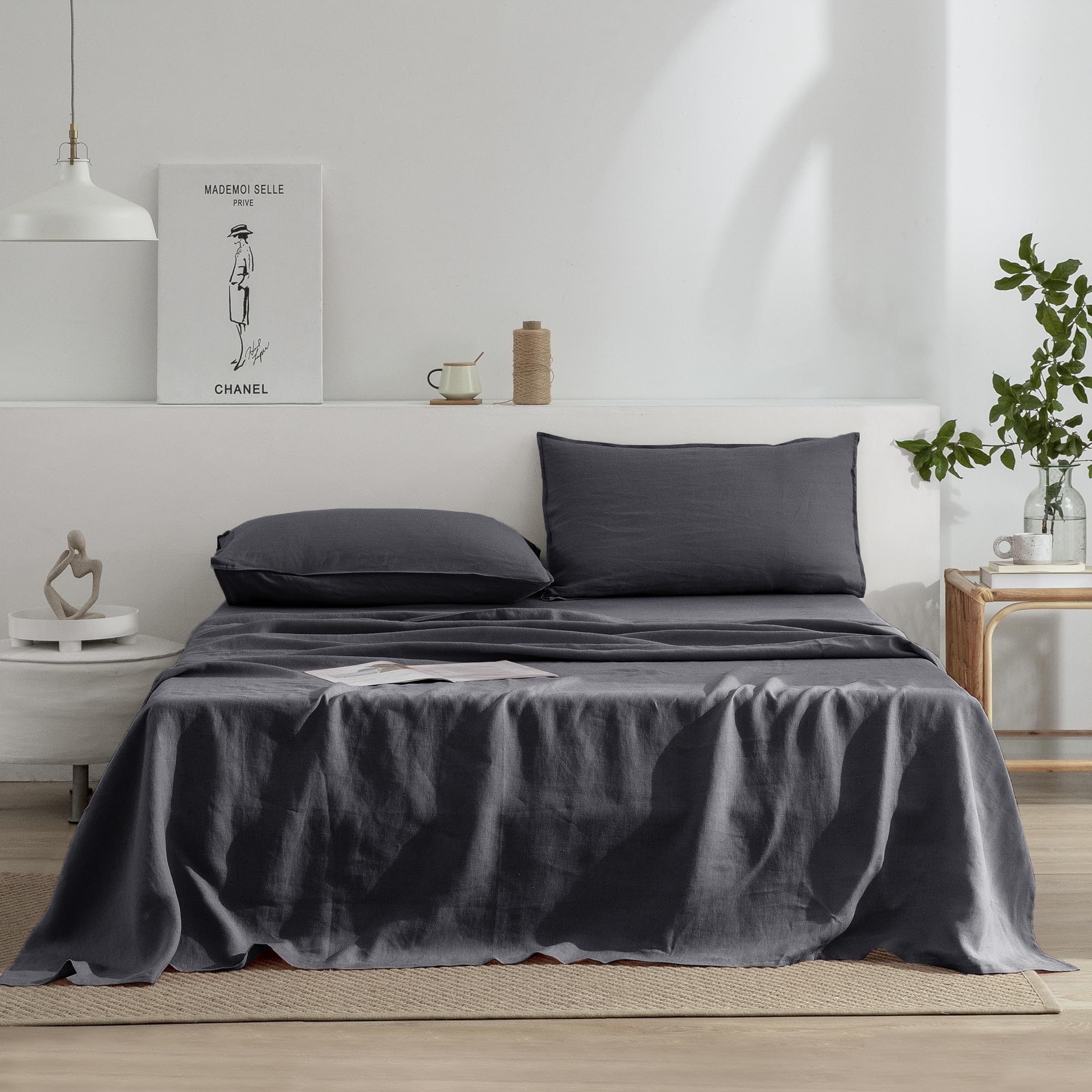 EVERLY Linen California King Size Sheets Set, 100% Stonewashed French Linen Bed Sheets Deep Pocket Sheets, 4 Pieces (1 Flat Shee