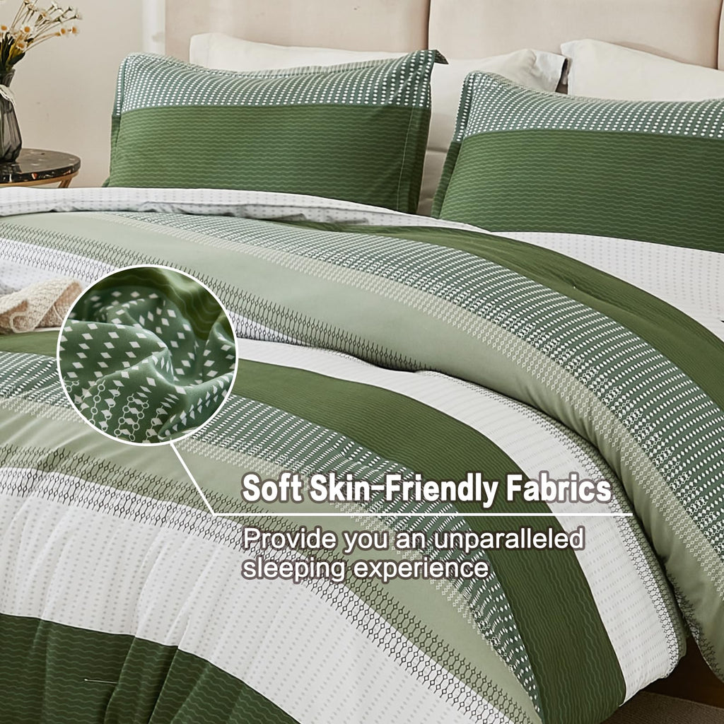 Litanika Olive Green Comforter Set King - 3 Pieces Lightweight Olive Green White Colorblock Stripe Fluffy Bedding Comforter Sets