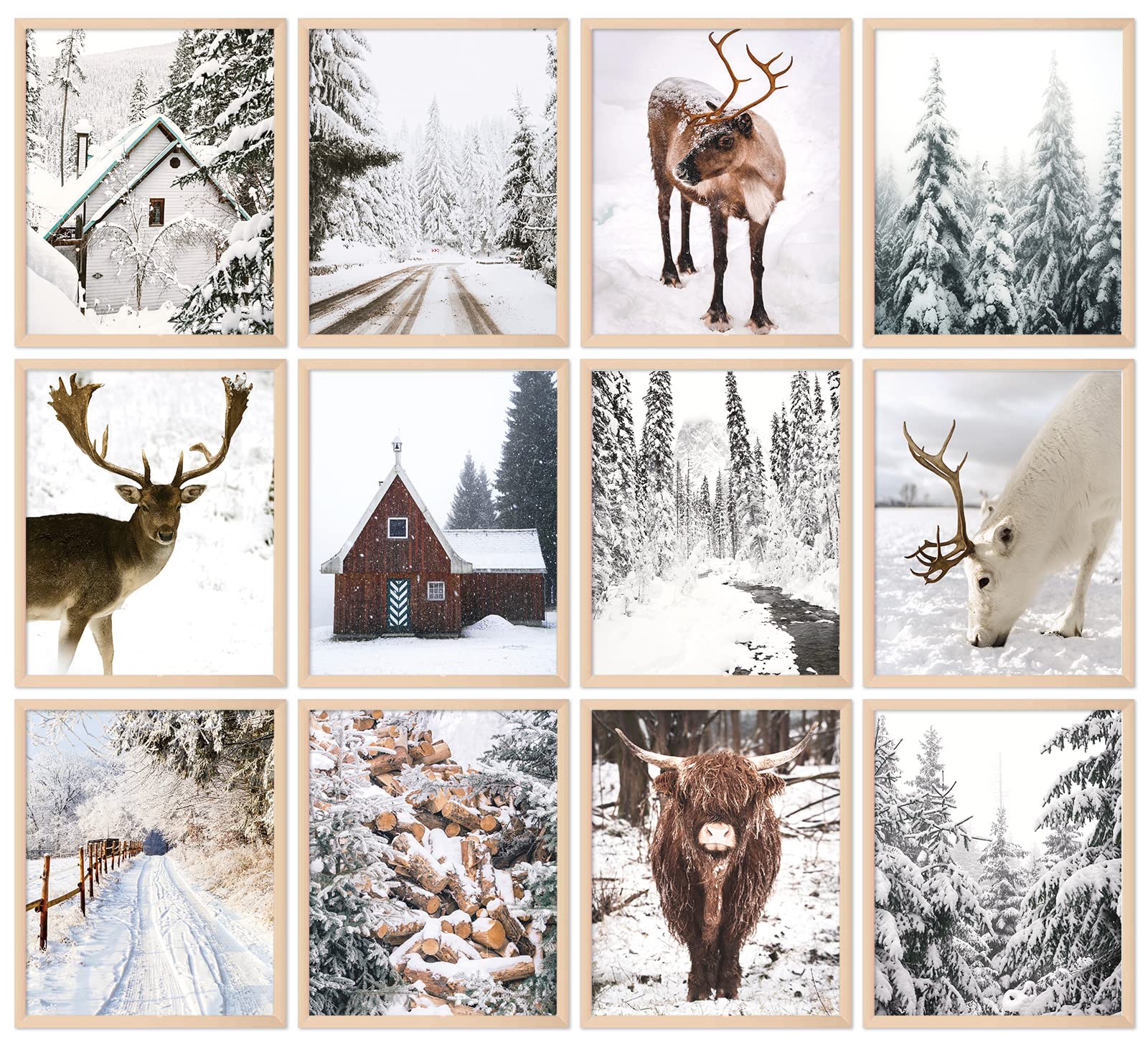 Whaline 8x10in 12Pcs Winter Wall Art Prints Cozy Christmas Room Decor Scandinavian Poster Snow Forest Frost Pictures Xmas Tree D