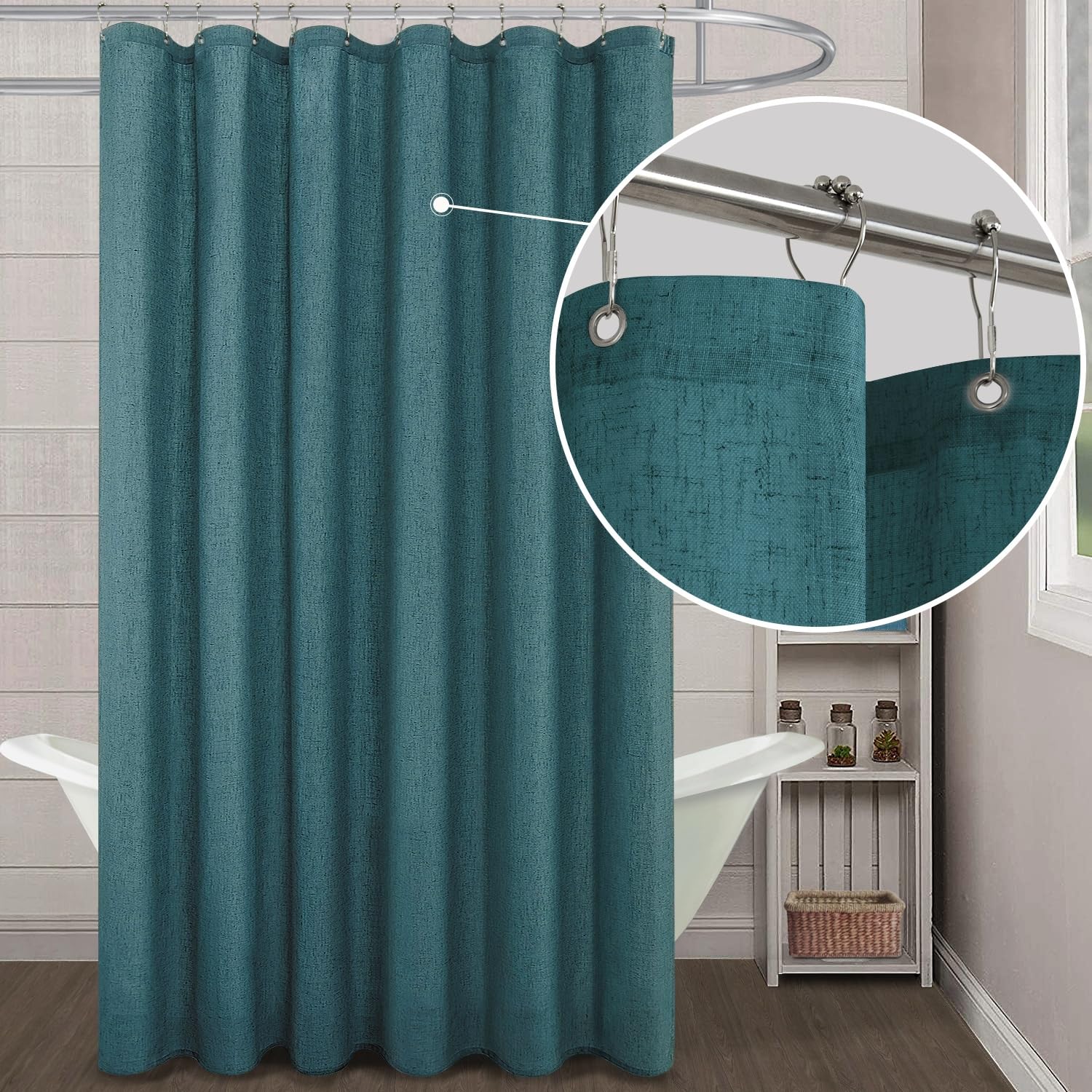 KOUFALL Teal Shower Curtains for Bathroom Set with Hooks,Waterproof Linen Fabric Dark Marine Ocean Shower Curtain,72x72 Inch