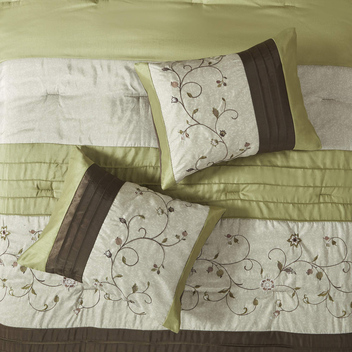 Madison Park Serene Faux Silk Comforter Set - Floral Embroidery Design, All Season Bedding Set, Matching Bed Skirt, Decorative Pillows, Green King(104'X92') 7 Piece