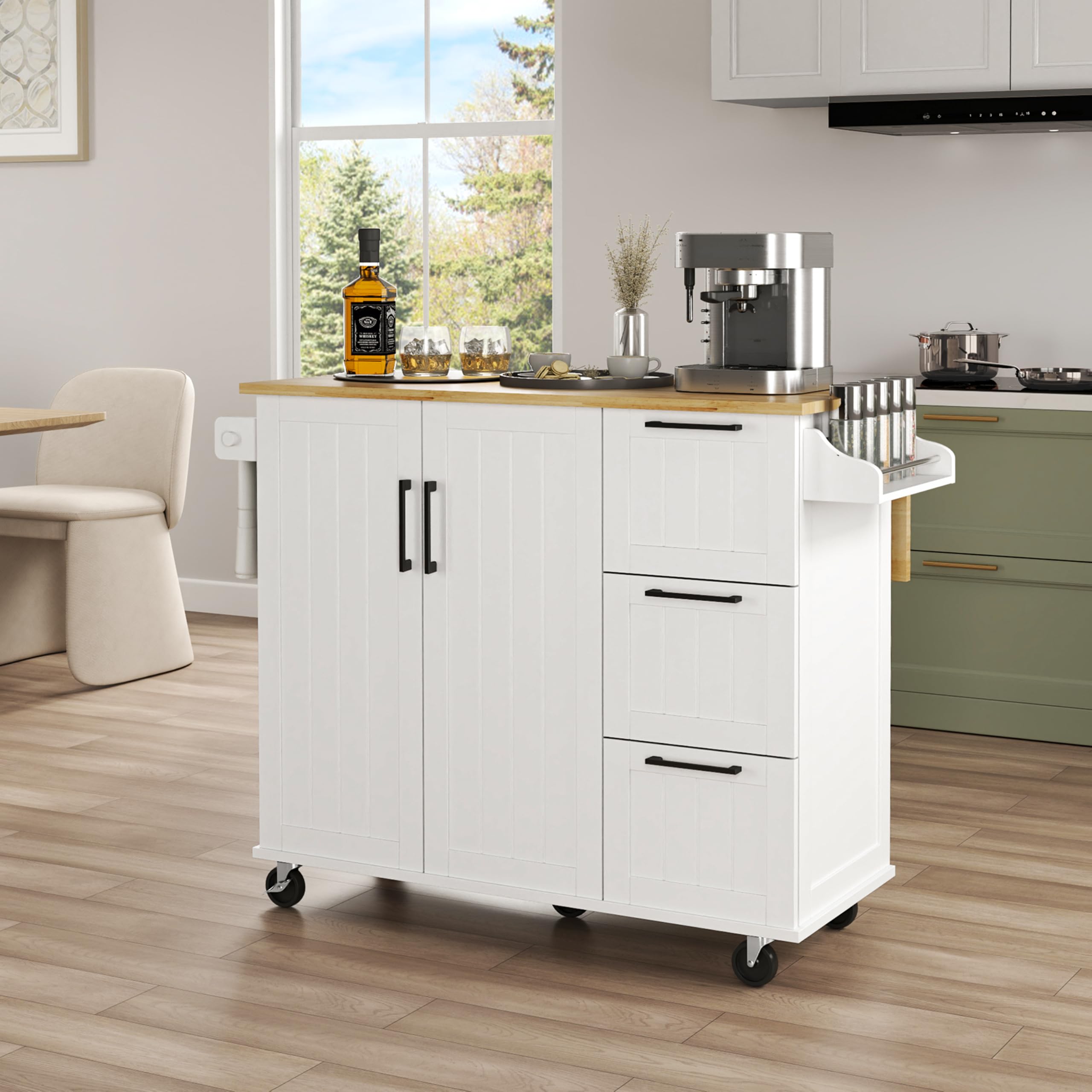 Yaheetech Kitchen Island Cart with Drop Leaf, Rubberwood Top, 3 Drawers, Storage Cabinet, White