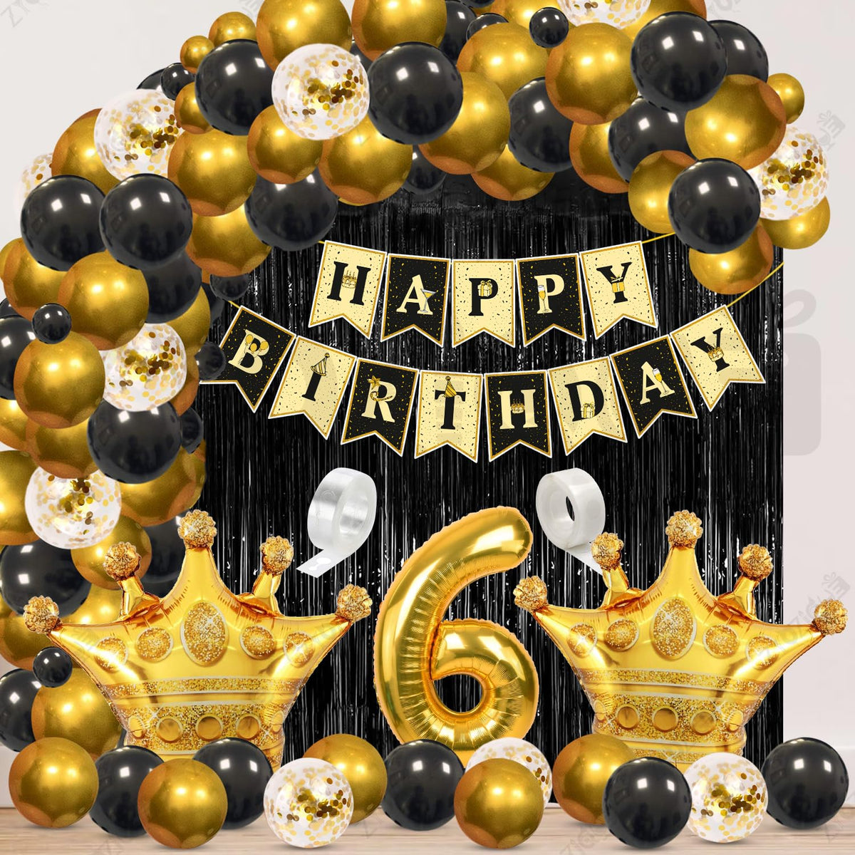 Zyozique 6th Birthday Decorations Combo  Black & Gold Theme Birthday Kit, Paper Banner, Foil Curtains, Metallic & Confetti Ball