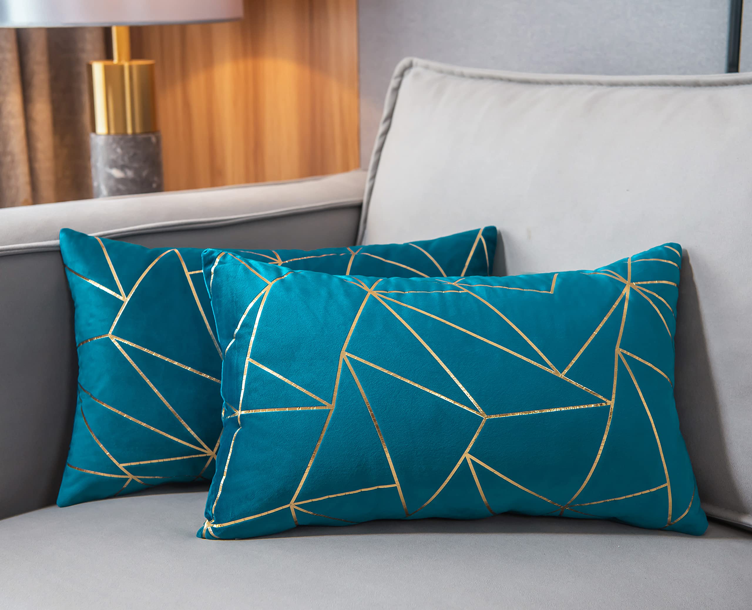 Yongliu Pack Of 2 Soft Velvet Lumbar Throw Pillow Covers Velvet Decorative Gold Foil Geometric Pattern Cute Cushion Case For Modern Homes Couch Sofa Bedroom Living Room (Aqua Blue And Gold, 12“X20”)