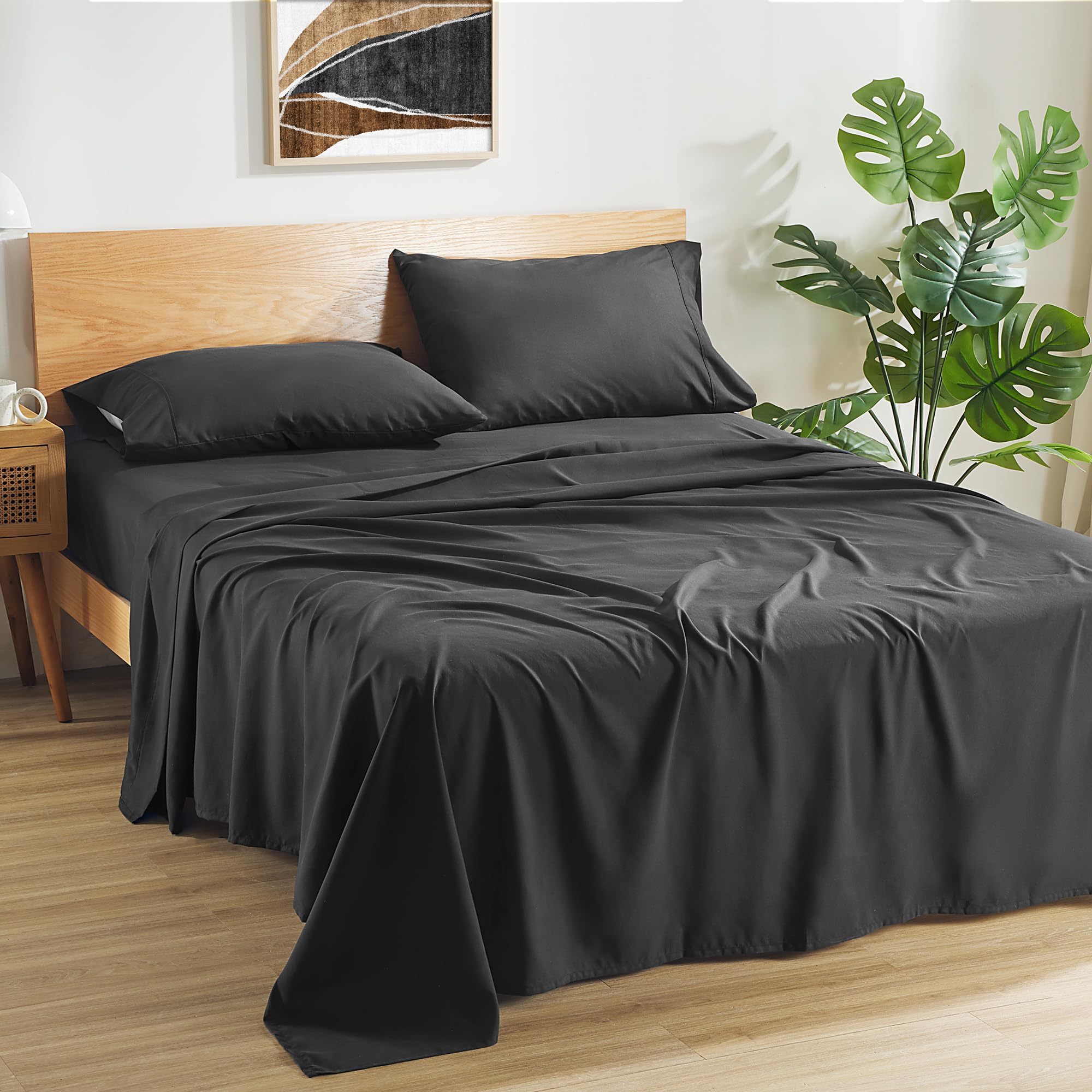 Sleep Zone Queen Sheets Black - Super Soft Sheets For Queen Size Bed, 4 Pieces Hotel Luxury Queen Sheet Set, Easy Care Microfibe
