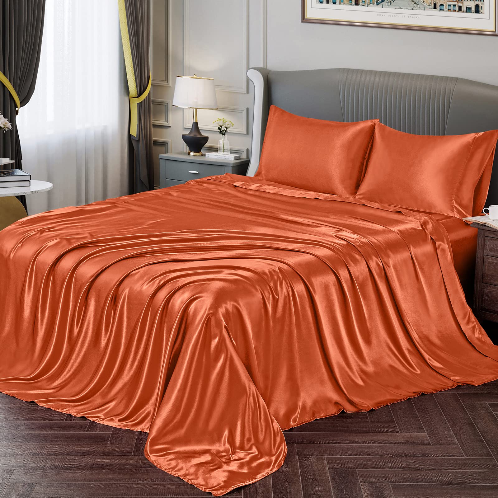 Vonty Satin Sheets Queen Silky Soft Satin Bed Sheets Burnt Orange Satin Sheets Set, 1 Deep Pocket Fitted Sheet + 1 Flat Sheet +
