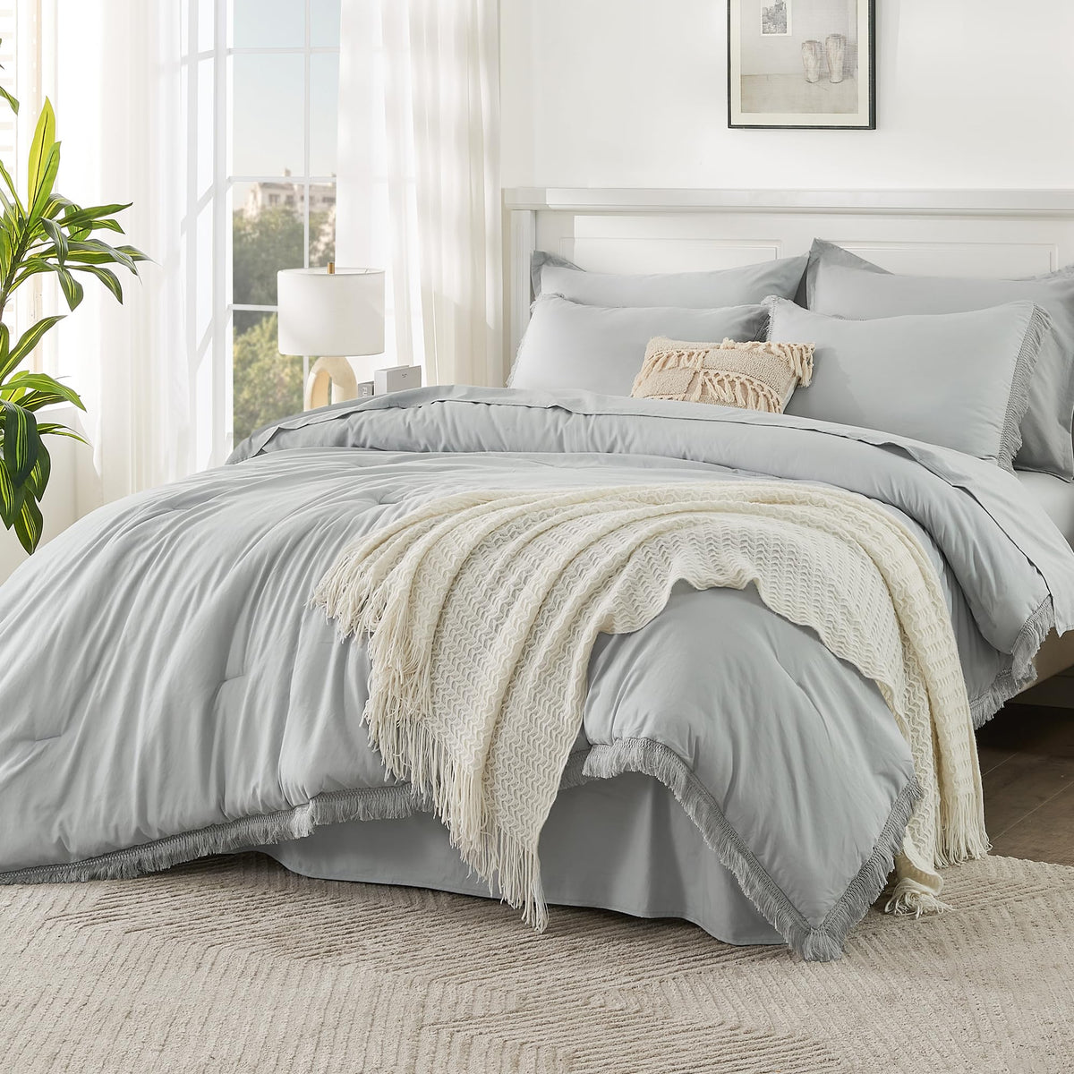 Andency Light Grey Full Size Comforter Set With Sheets - 7 Pieces Boho Tassel Bed In A Bag Soft Lightweight Bedding Sets, Light Grey Fringe Bed Set With Comforter, Sheets, Pillowcases & Shams