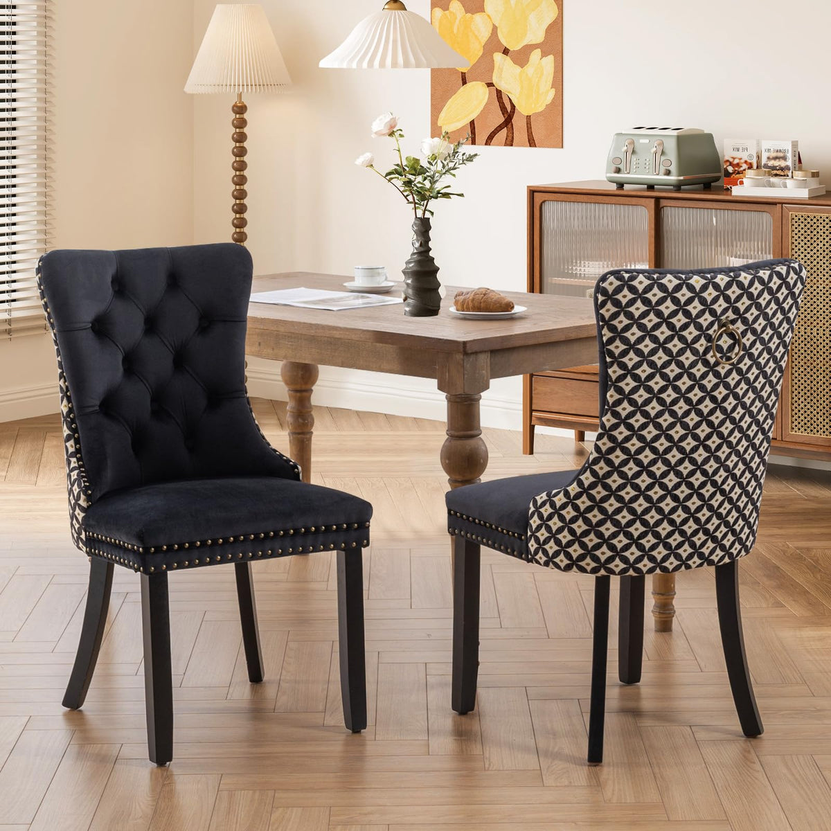 Soarflash Velvet Dining Chairs Set Of 2, Tall Back Side Chair, Modern Upholstered Side Chair With Button Back Ring, Solid Wood L