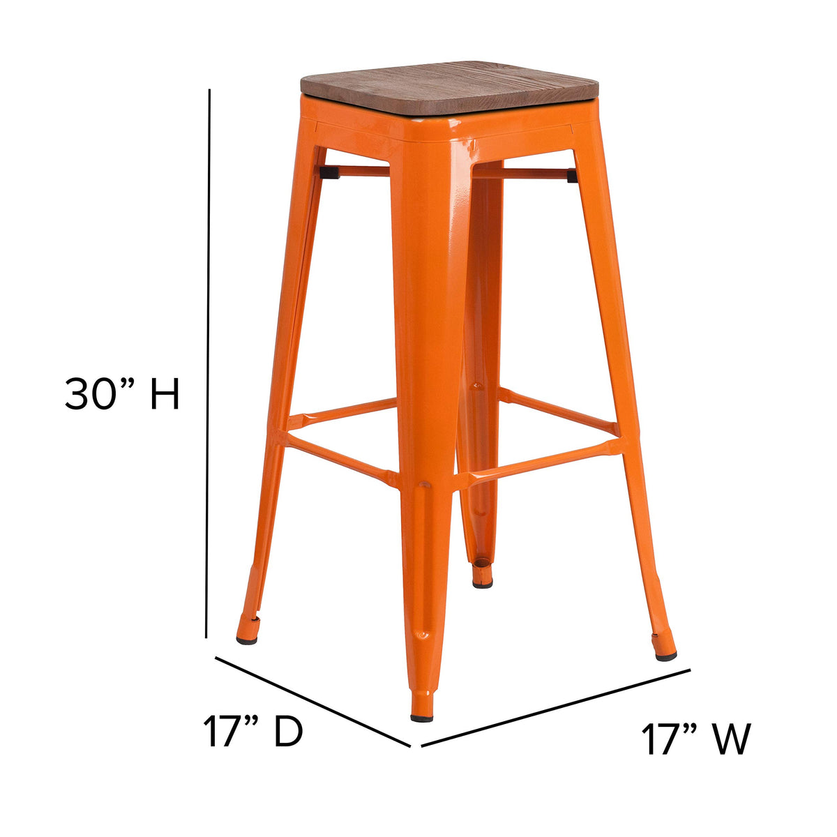 Flash Furniture Lily 30" High Backless Orange Metal Barstool with Square Wood Seat