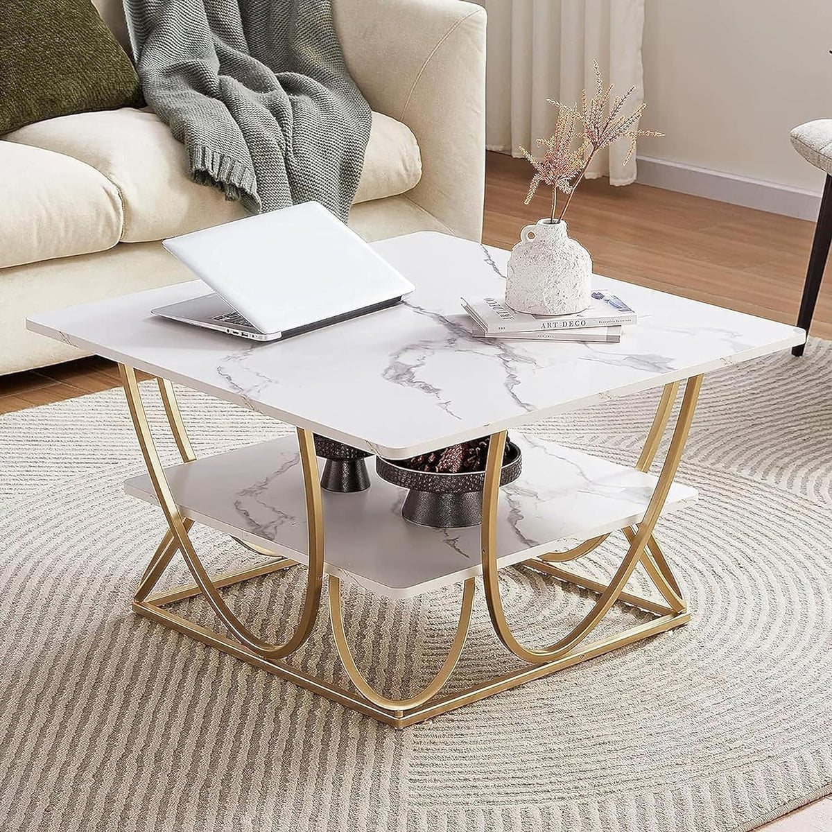 Ofheqeuwin Square Coffee Tables Accent Center Table Sofa Side Tea Table With 2Tier Storage For Living Room Office Desk Balcony