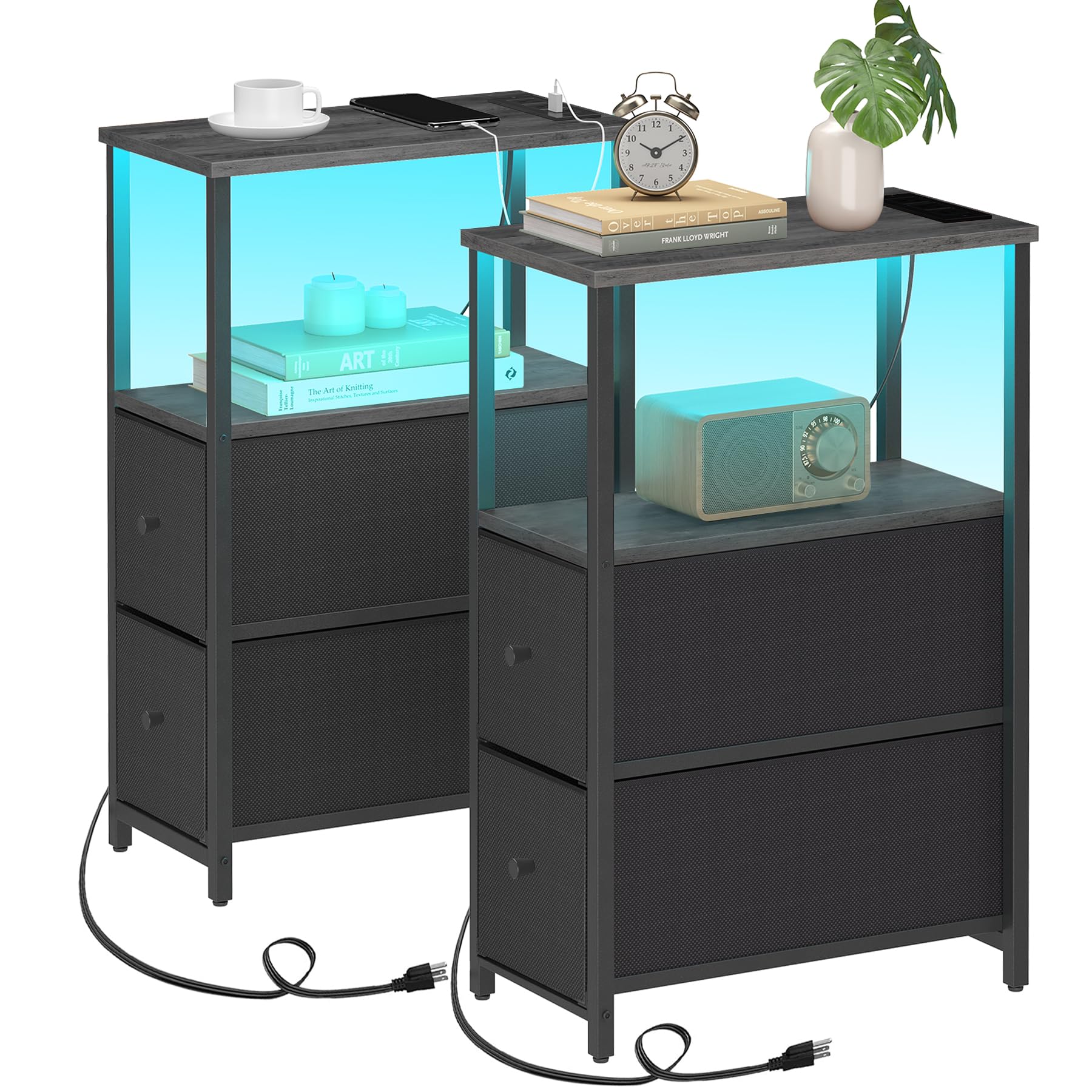 Tutotak Small Narrow Led End Table With Charging Station, Side Table Outlets, Nightstand With 2 Cloth Drawers, Set Of 2, Couch Table, For Living Room, Bedroom, Bedside, Charcoal Grey Tb01By056