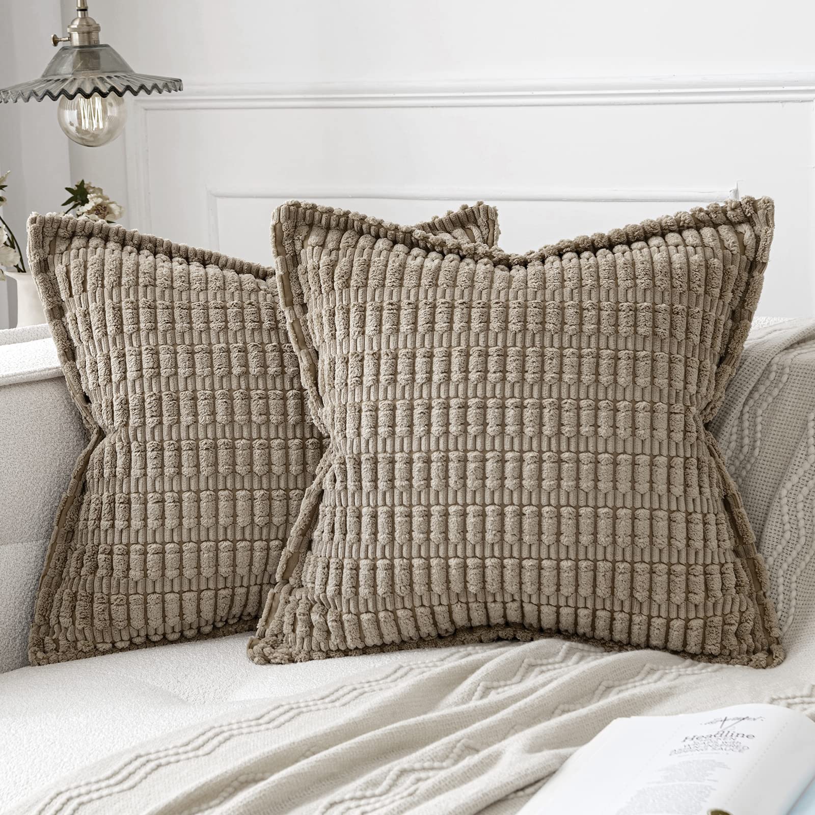 Miulee Light Brown Corduroy Decorative Throw Pillow Covers Pack Of 2 Soft Striped Pillows Pillowcases With Broad Edge Winter Modern Boho Home Decor For Couch Sofa Bed 20X20 Inch