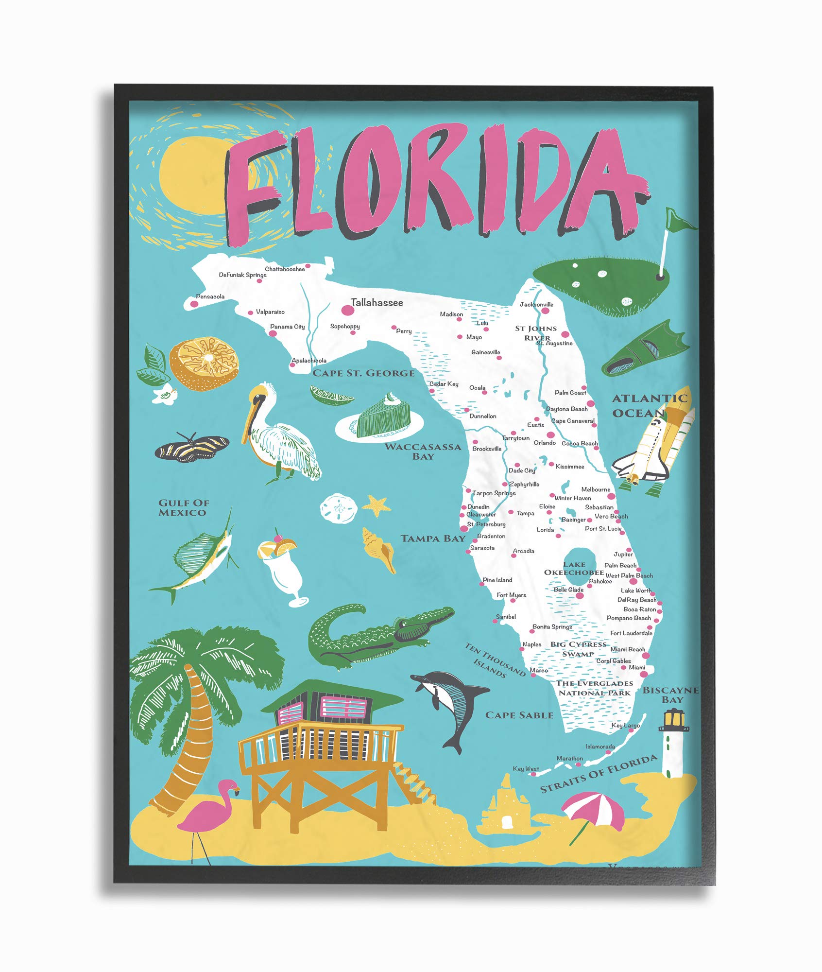 Stupell Industries Florida Teal Blue and Pink Illustrated Scenic Map Poster Framed Giclee Texturized Art, 11 x 1.5 x 14, Multi-C