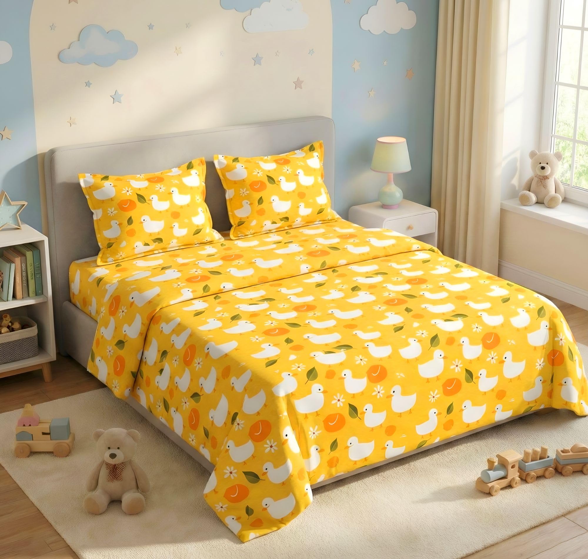 Vas Collections 7D Printed Double Bedsheet 300 Tc | Soft Cotton Bed Sheet With 2 Pillow Covers | Cute 7D Design For Kids & Coupl