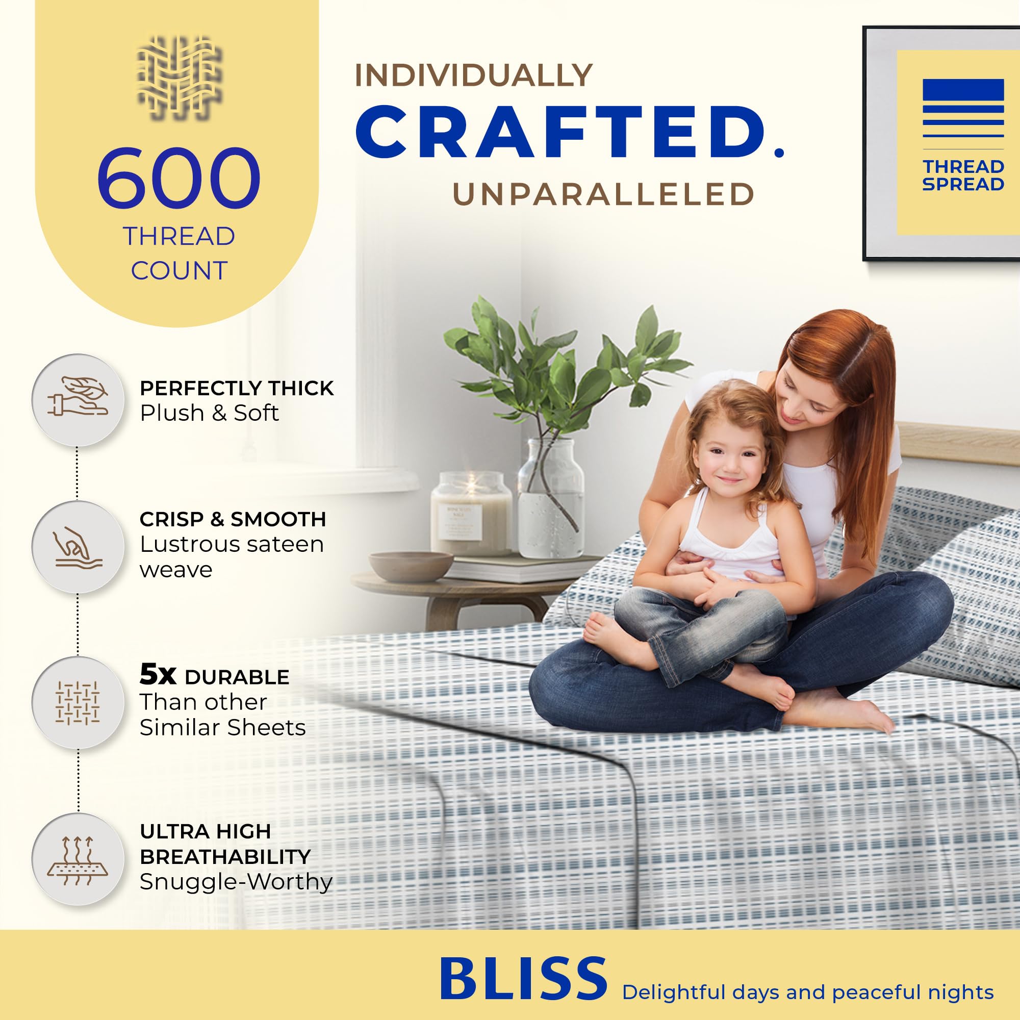 Thread Spread 100% Egyptian Cotton Printed Bed Sheets - 600 Thread Count 4 Pc Queen Sheet Set, Hotel Luxury Sateen Bedsheets, 16' Deep Pocket Soft Cooling Sheets For Queen Size Bed - Dotted Stripe