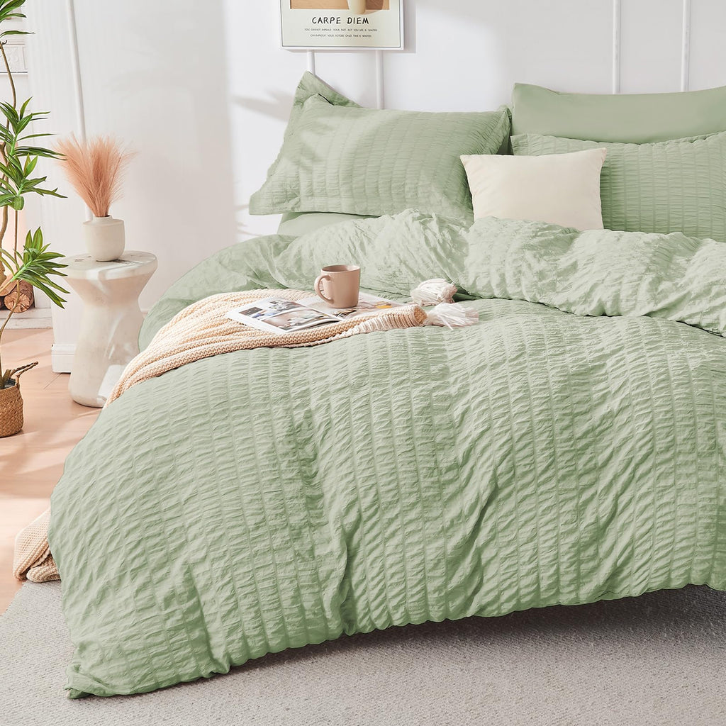 HYMOKEGE Queen Comforter Set Light Green Seersucker 7 Pieces Luxury Bedding Set