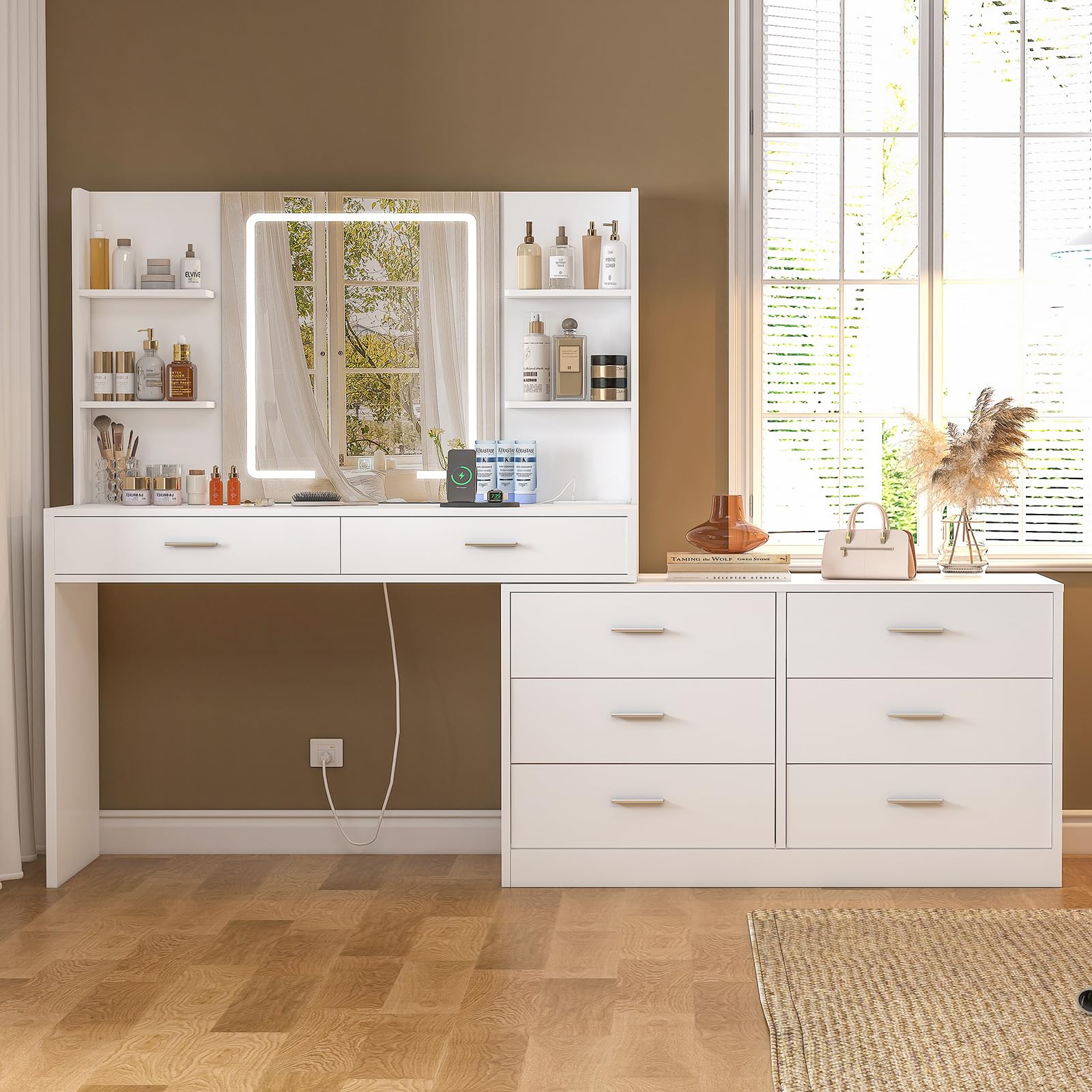 Fioneso Vanity Makeup Desk With Led Light Mirror & Power Outlet, 8 Drawers, 6 Storage Shelves, 3 Color Modes & Adjustable Bright
