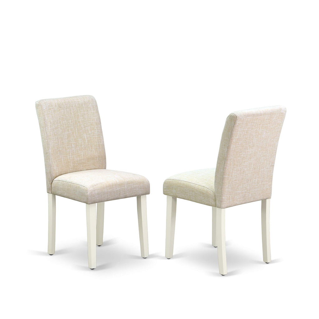 East West Furniture 3 Piece Kitchen Table Set Contains a Rectangle Dining Room Table with Dropleaf and 2 Light Beige Linen Fabric Parson Dining Chairs