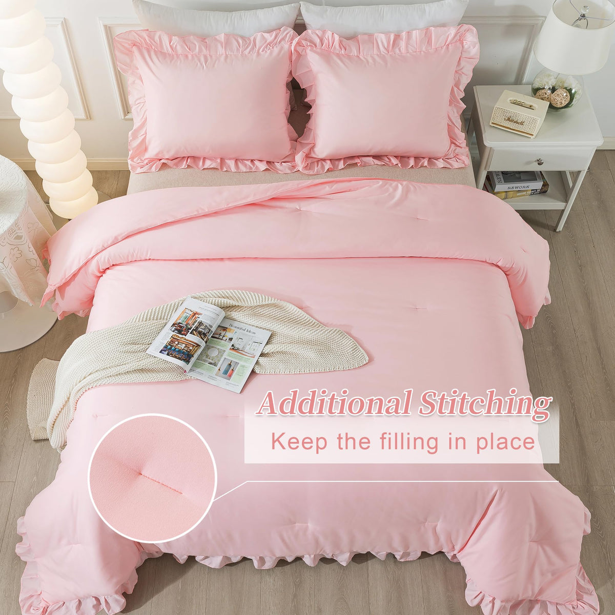 Andency Pink Ruffle Comforter King, 3 Pieces Solid Farmhouse Shabby Chic Comforter, Vintage Rustic Lightweight Soft Microfiber Bedding Set All Season (104X90Inch Comforter)