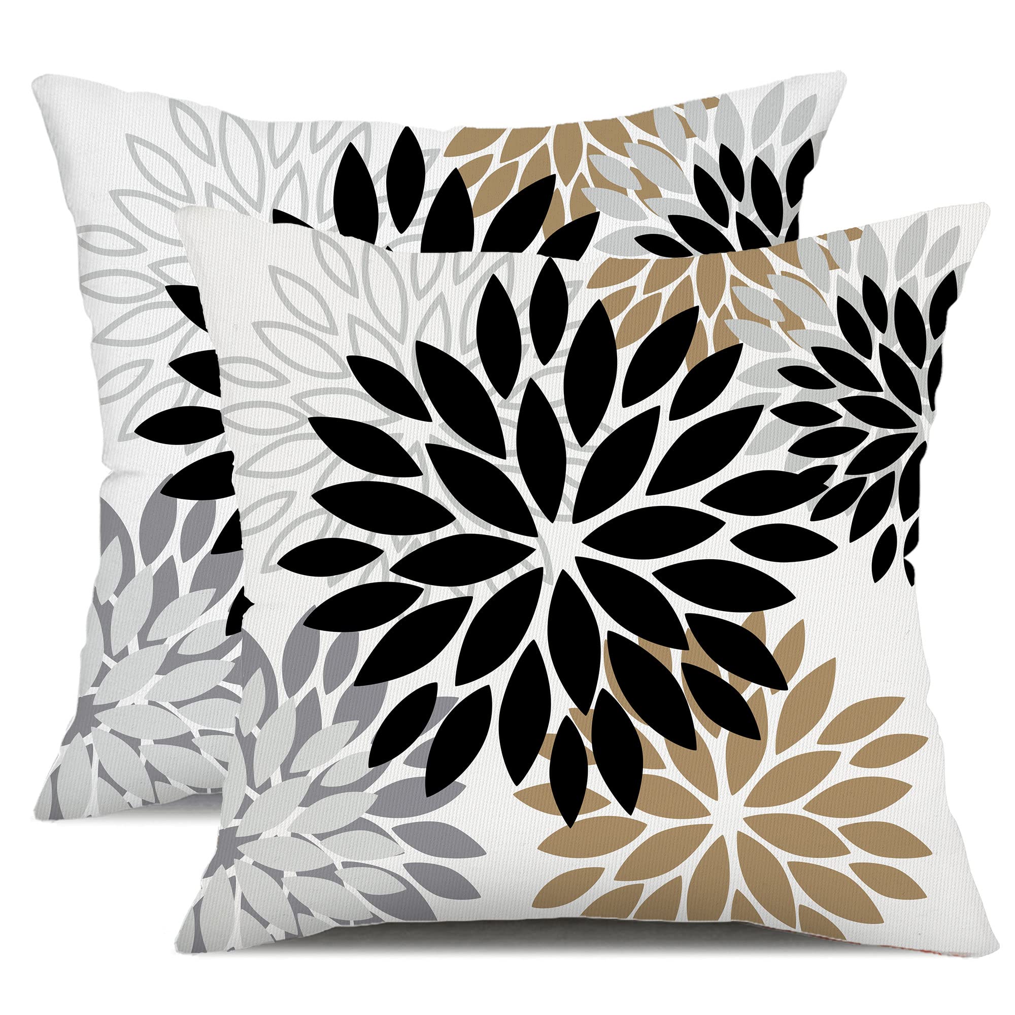 Dfxsz Black Brown Outdoor Pillow Covers 18X18 Inch Set Of 2 White Gray Flower Throw Pillows Farmhouse Outdoor Modern Floral Poly