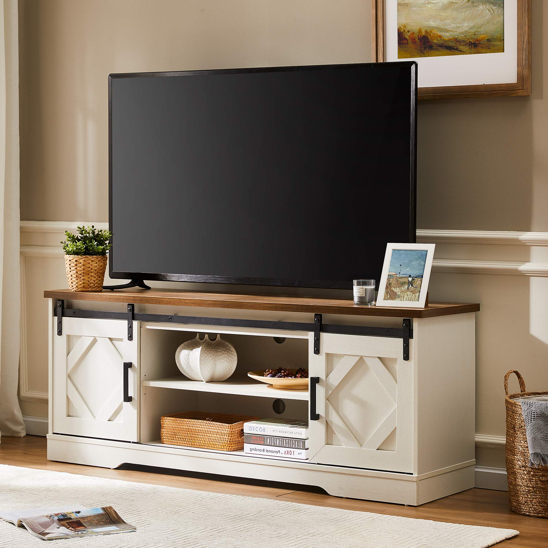 Wampat Farmhouse Sliding Barn Door Tv Stand For Tvs Up To 65 Inch, Modern Storage Entertainment Center, Wood Media Console Table Cabinet 3-Level Adjustable Shelf For Living Room, White/Oak