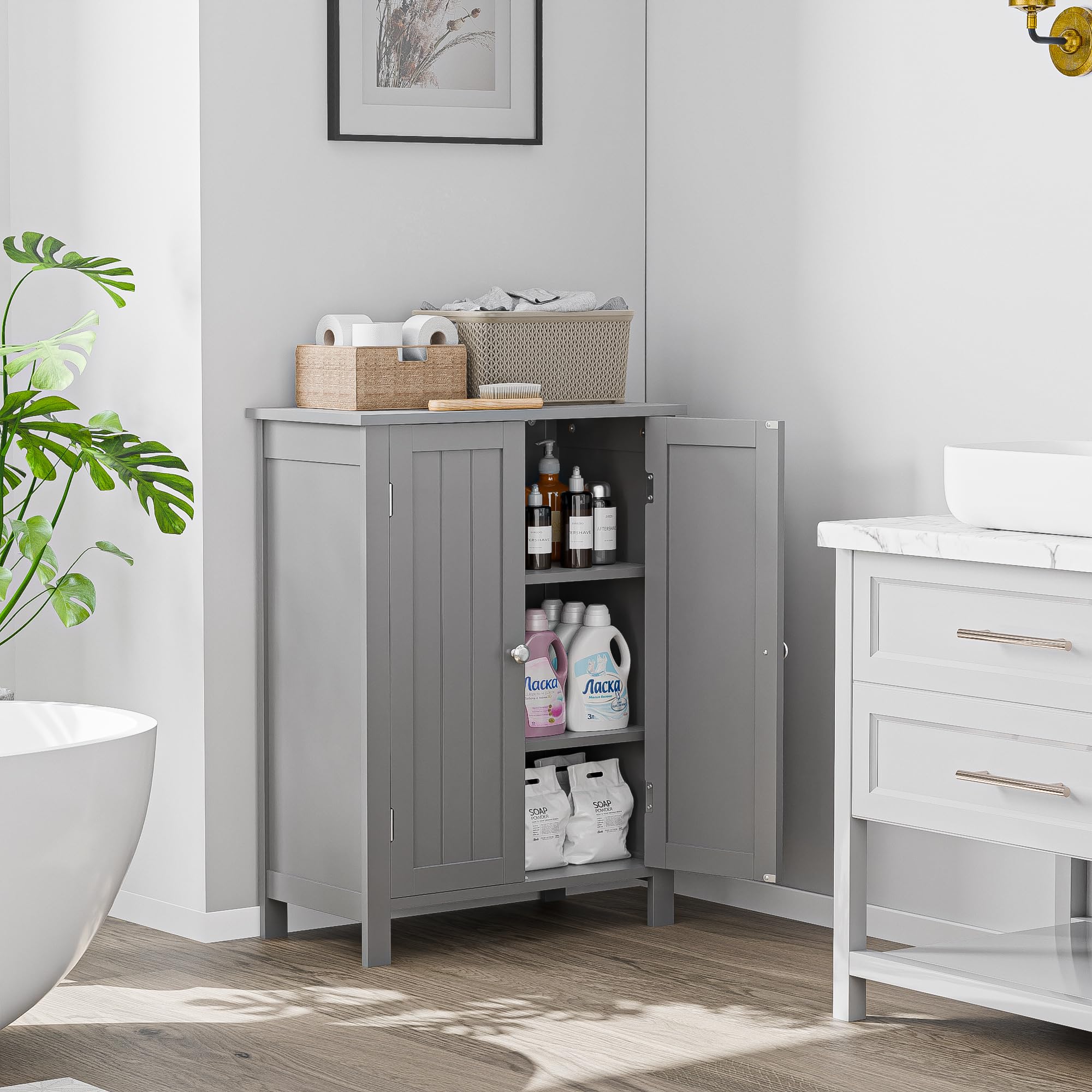 Super Deal Modern Bathroom Floor Storage Cabinet With Adjustable Shelf And Double Door Rust Proof, Living Room Modern Home Furniture Storage Organizer Cabinet, Grey