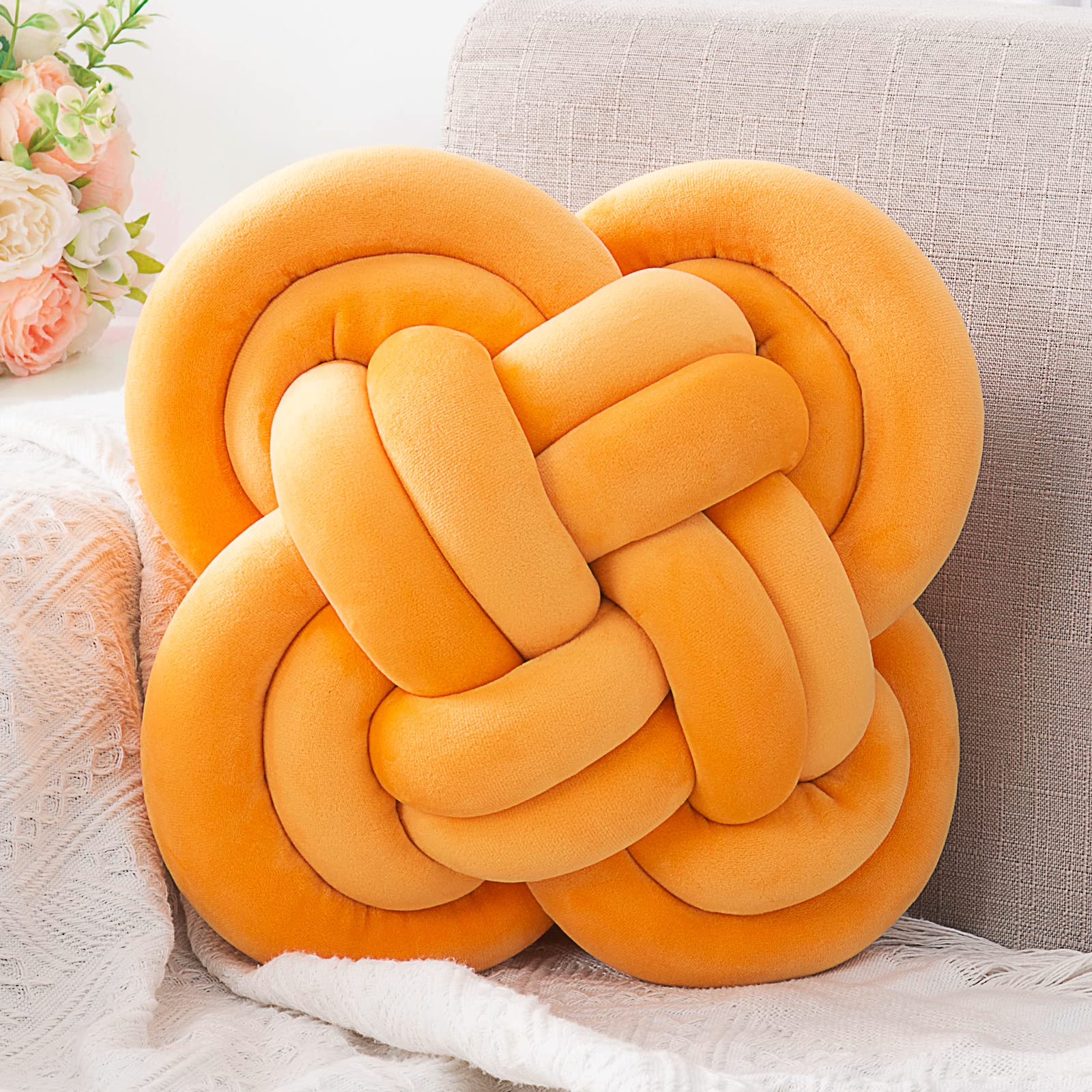 Xiashrk Knot Pillow, Decorative Throw Pillows With Soft Plush For Couch, 12' Knotted Pillows Dark Yellow Dorm Room Decor Knot P
