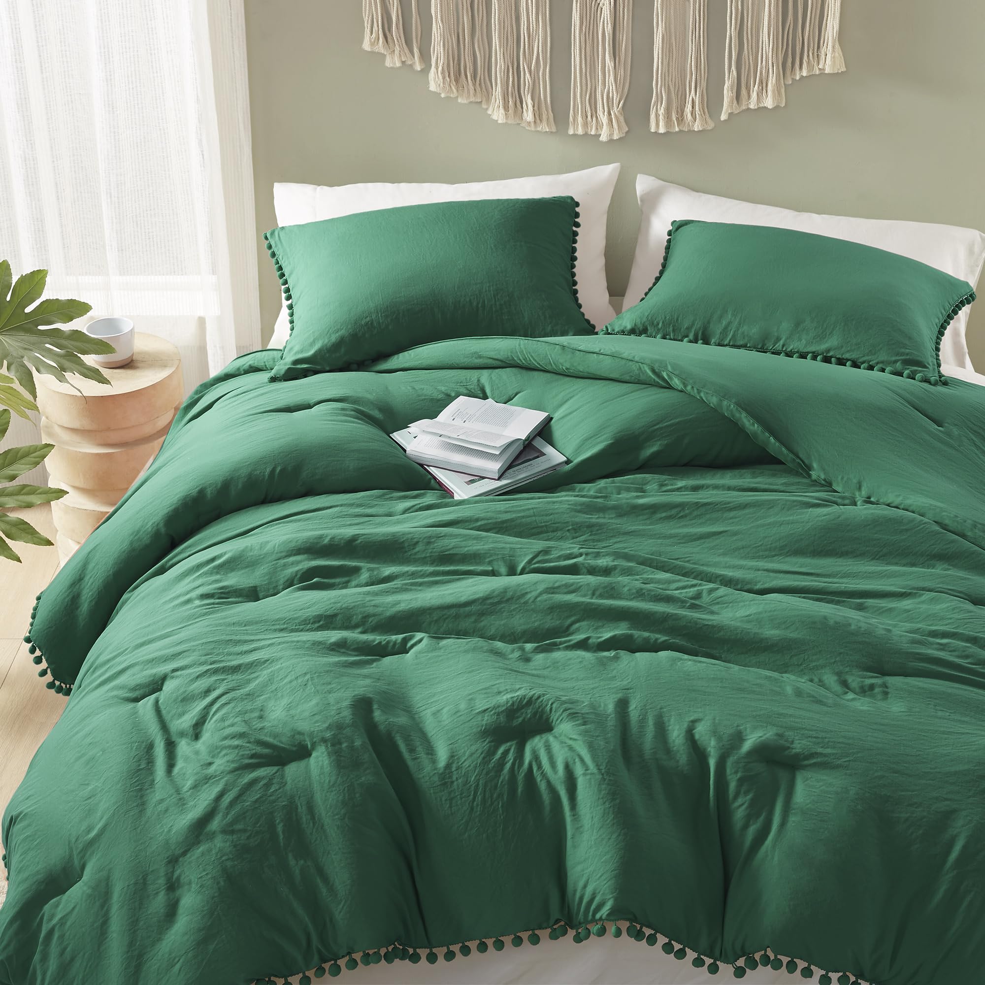 Codi Emerald Green Boho Twin Comforter Set, Aesthetic Luxurious Pom Fringe Design Bedding,Cute Soft Washed Microfiber Bed Sets,