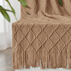 Inhand Knitted Throw Blankets For Couch And Bed, Soft Cozy Knit Blanket With Tassel, Khaki Lightweight Decorative Blankets And T