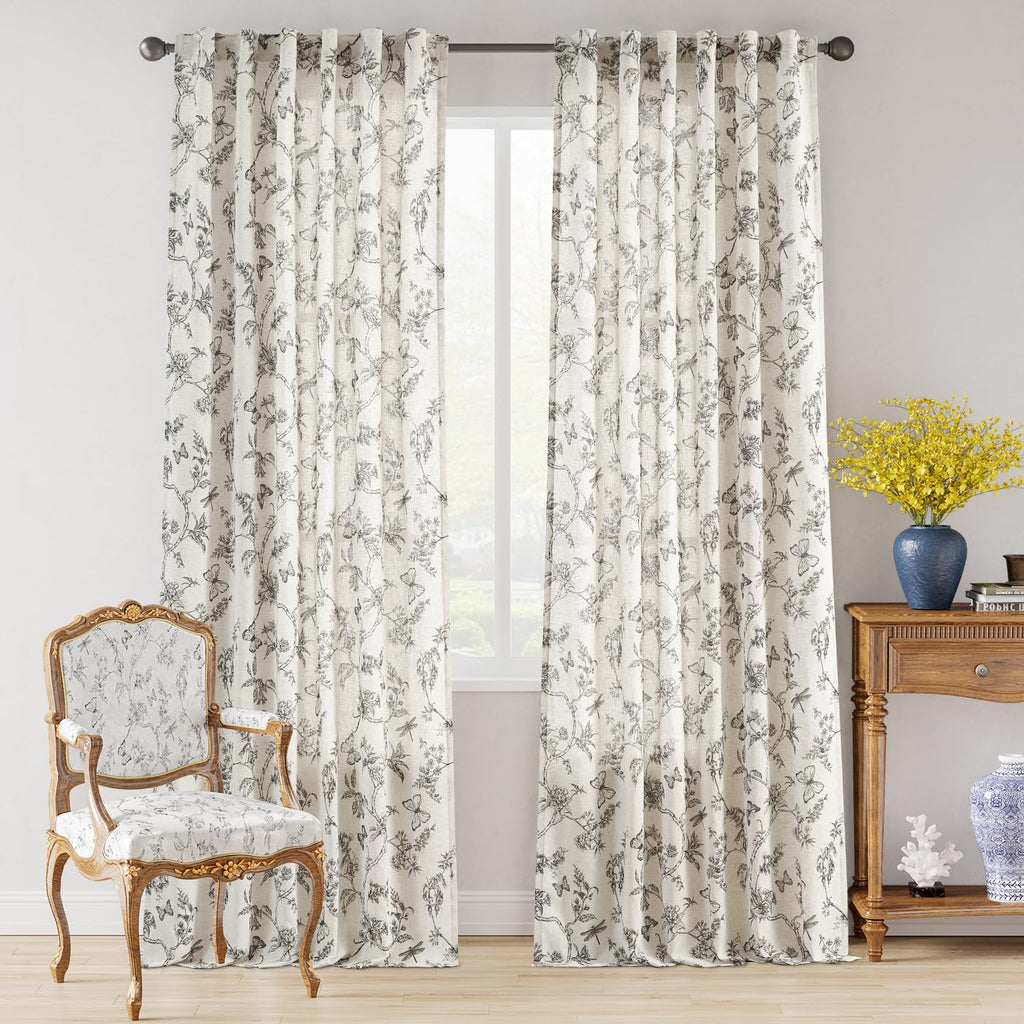 Lazzzy Farmhouse Linen Curtains Black Floral Curtains 108 Inch Length Back Tab Drapes For Living Room Bedroom Light Filtering Co
