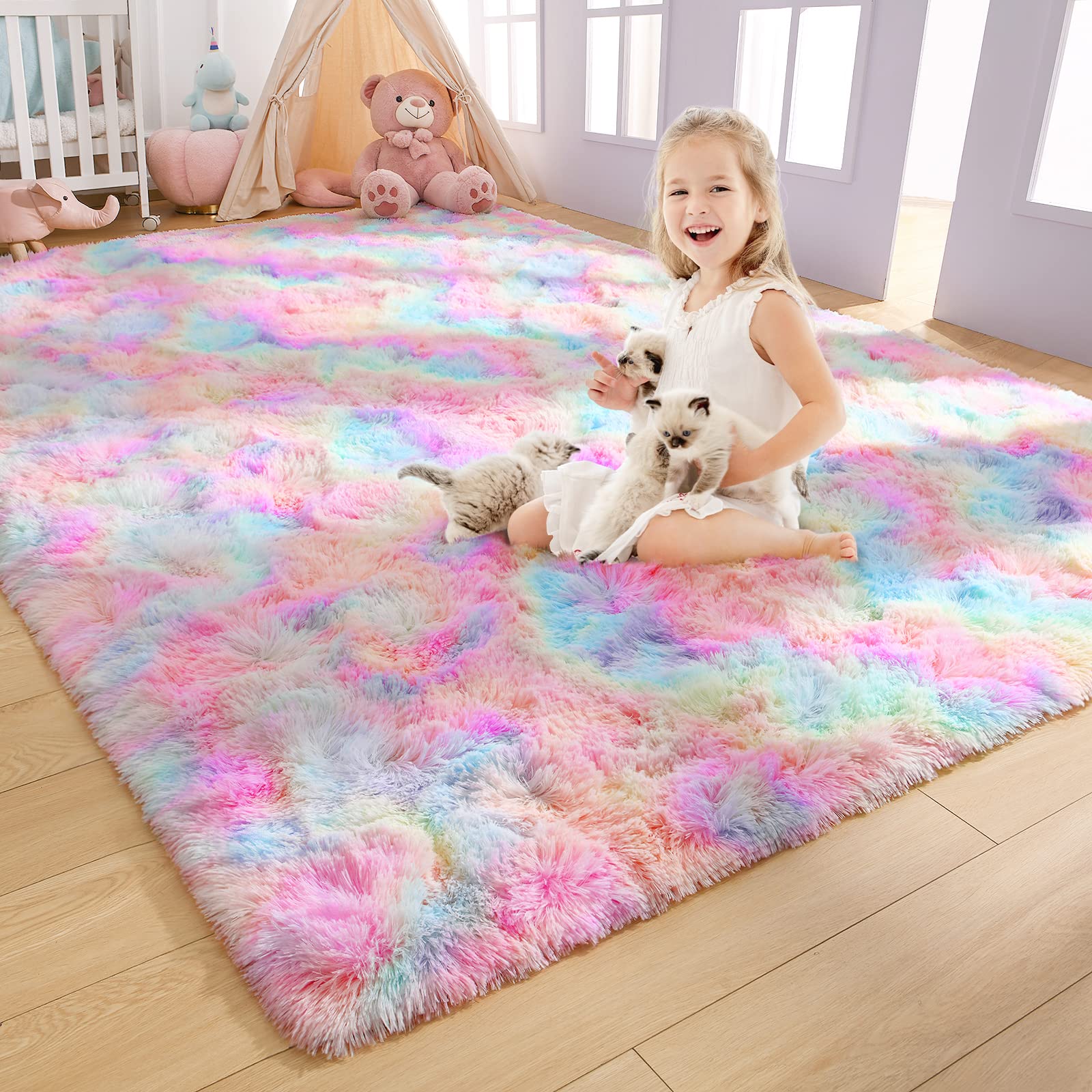Arogan Soft Rainbow Area Rugs For Girls Room 2X4 Feet, Fluffy Girls Bedroom Rugs, Princess Rug, Cute Colorful Carpet For Kids Te