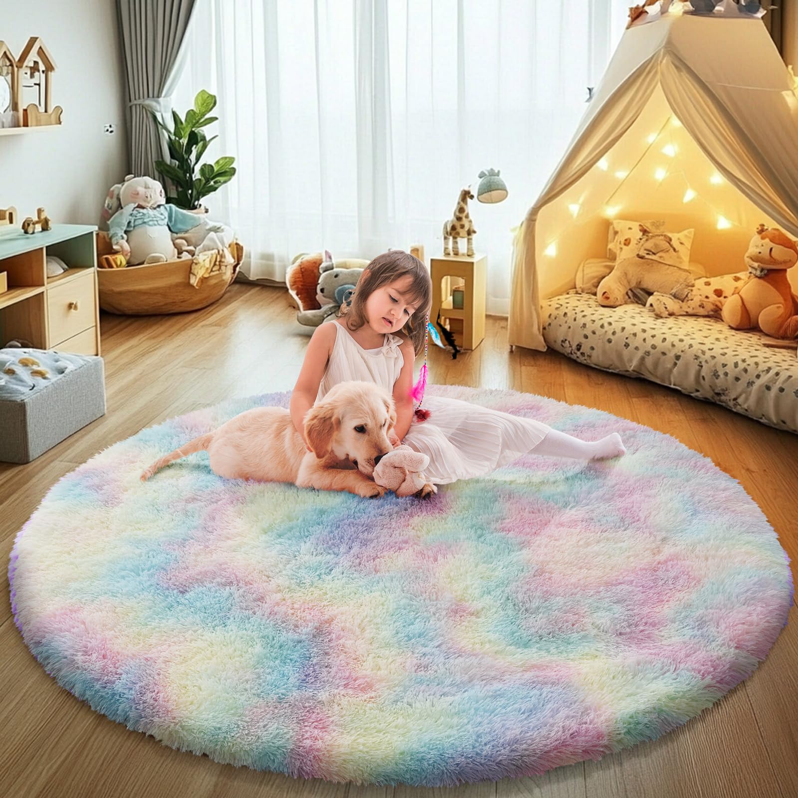 yulidayang Rainbow Fluffy Round Area Rugs for Bedroom,6'X6'Shag Circle Area Rugs for Girls Room,Non Slip Fuzzy Plush Rug for Kid