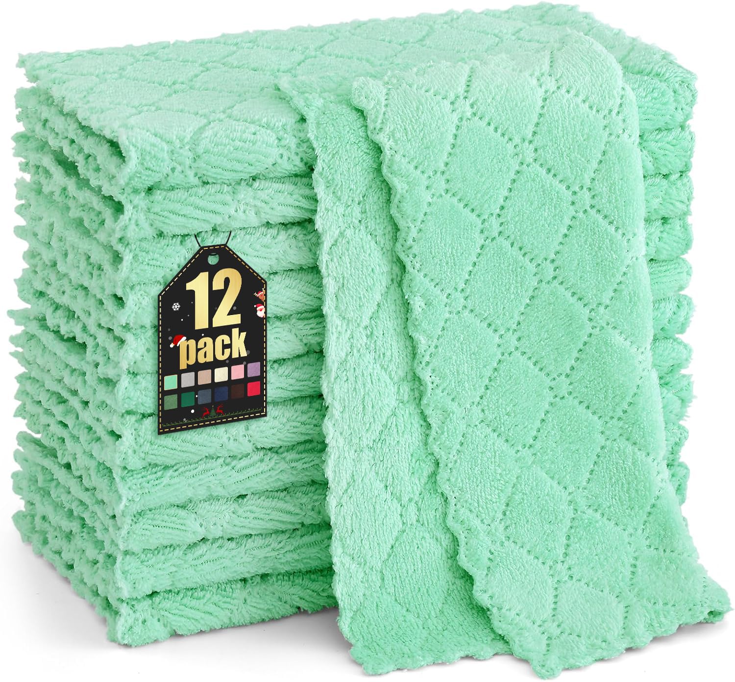 Homaxy 12 Pack Kitchen Dish Cloths (10 x 10 Inches, Green), Super Soft and Absorbent Coral Velvet Dish Towels, Nonstick Oil Fast