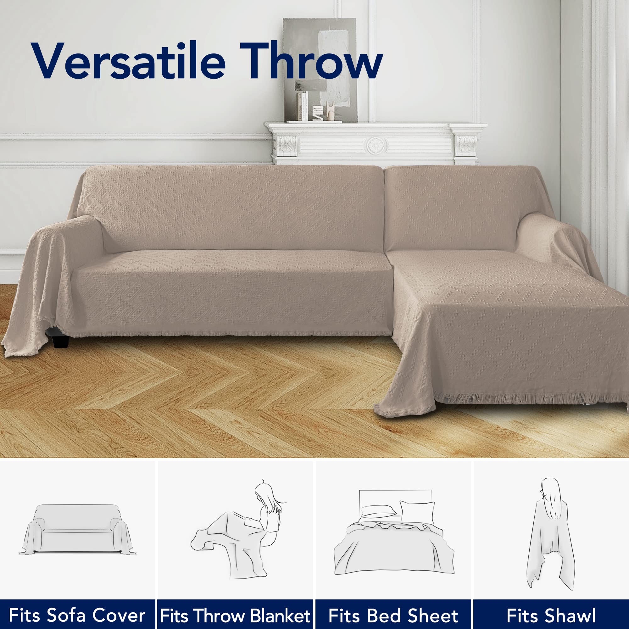 Purefit Geometric Jacquard Throw Sofa Cover - Textured Soft Washable Decorative Couch Covers For 3 Cushion Couch, Throw Cover With Tassels Furniture Protector For Pets, Kids (X-Large, Camel)