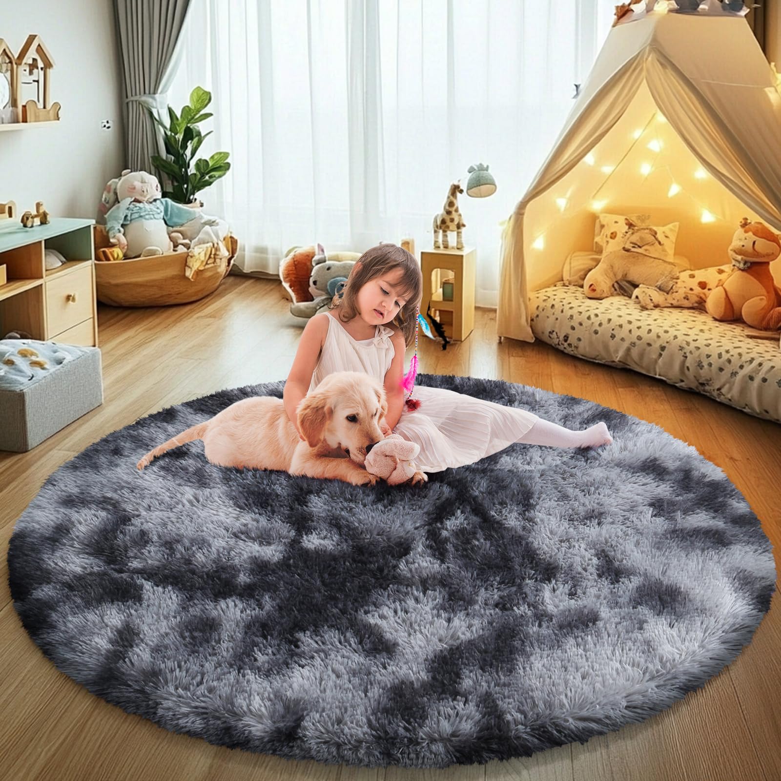 Tie-Dyed Black Fluffy Round Rug,Soft Area Rugs for Girls Room,Shaggy Rugs 4'X4' for Living Room,Non Slip Circle Rug for Kids Bed