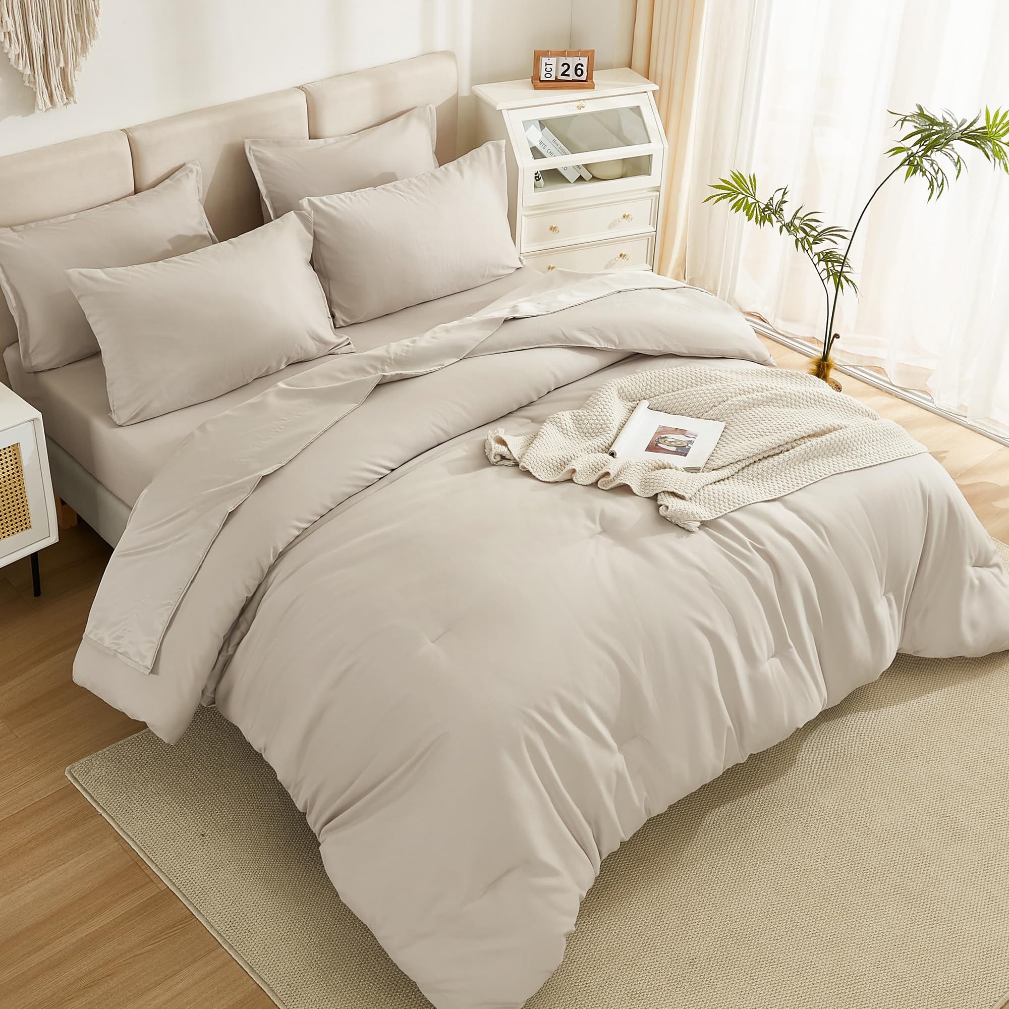 Litanika Comforter Full Size Set Tannish Grey - 7 Pieces Bed In A Bag Full Beddding Comforter Sets, Plain Lightweight Bed Set Wi