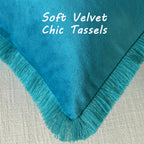 FUTEI Teal Velvet Throw Pillow Covers Set of 2, 18x18" with Tassels, Soft Cozy Cushion Case for Boho Modern Home Decor