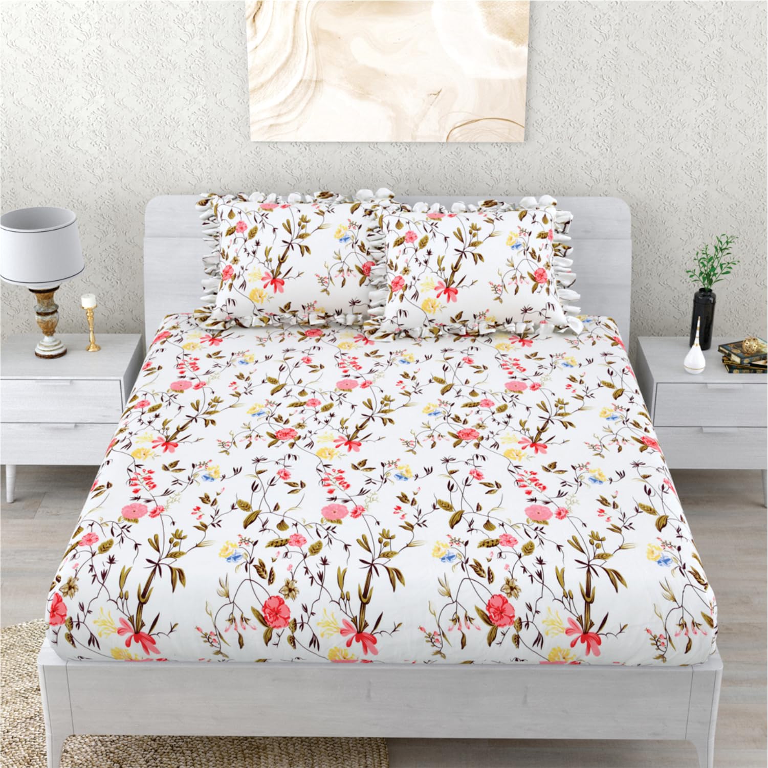 Dream Weaverz Polycotton Printed Double Bed Size Fitted Elastic Bedsheet,2 Pillow Cover,260 Thread Home, Bedroom(72X78X7)