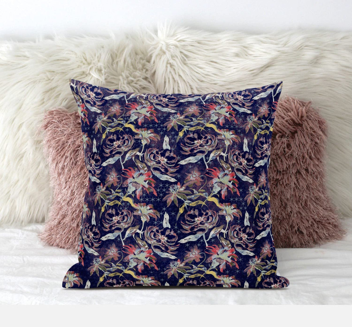 HomeRoots Red Blue Gold 20' Midnight Blue Roses Zippered Suede Throw Pillow
