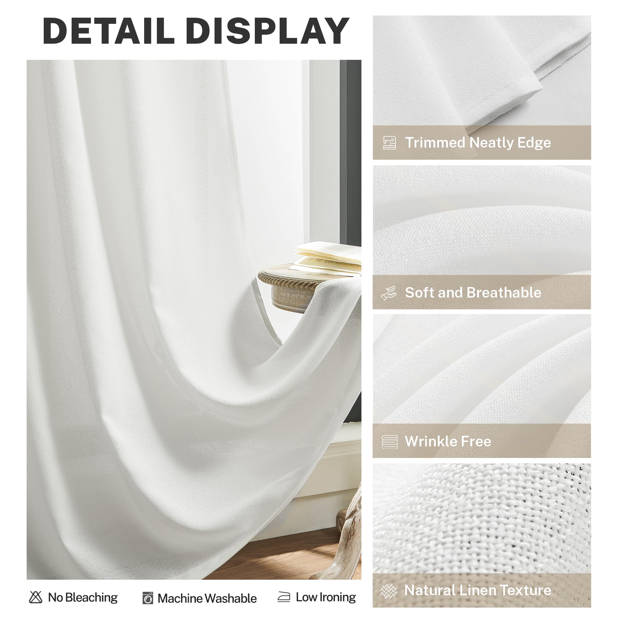 Meetbily White Kitchen Curtains 45 Inch Length 2 Panels Set Back Tab Pocket Farmhouse Light Filtering Semi Sheer Short Linen Cur