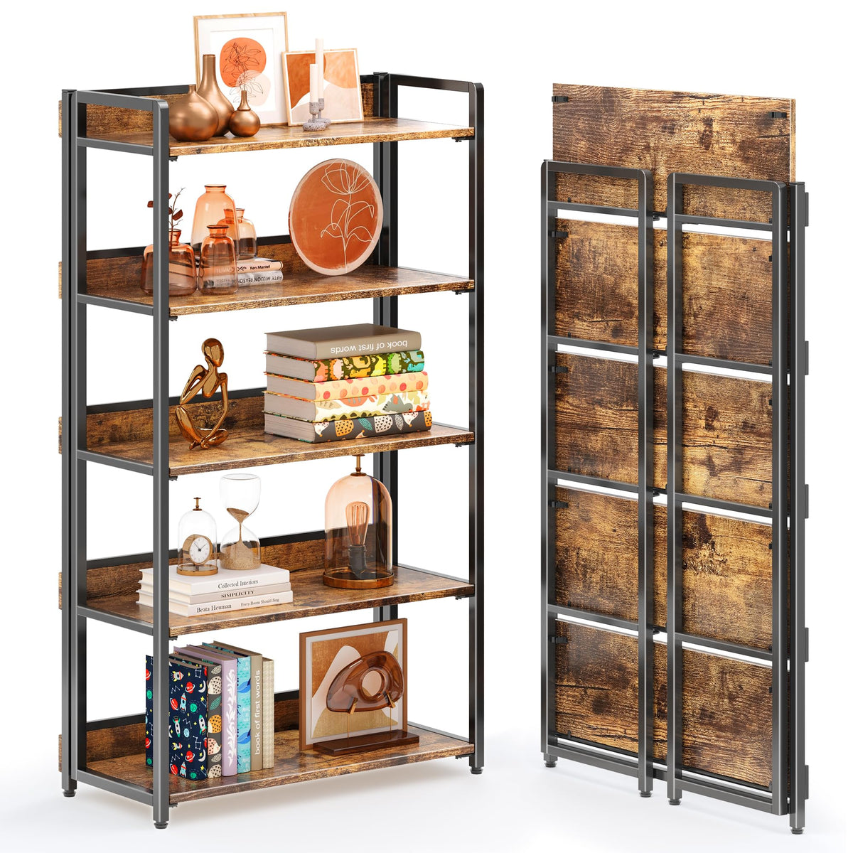 4NM No Assembly Folding Bookshelf Book Shelves, 5Tier 48 H Collapsible Foldable Bookcase Storage Industrial Shelf for Living 