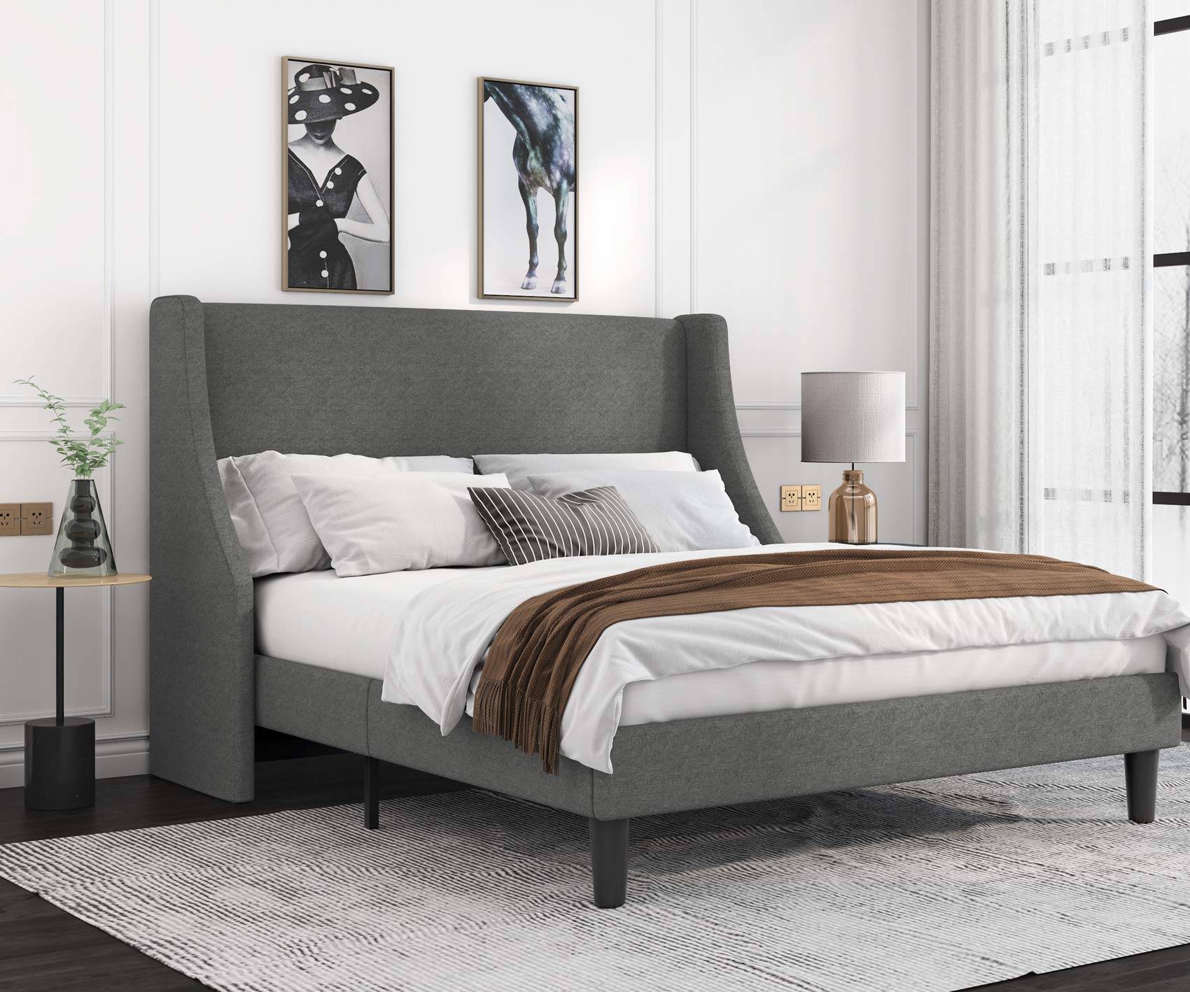 Allewie Full Size Bed Frame, Platform Bed Frame with Upholstered Headboard, Modern Deluxe Wingback, Wood Slat Support, Mattress 